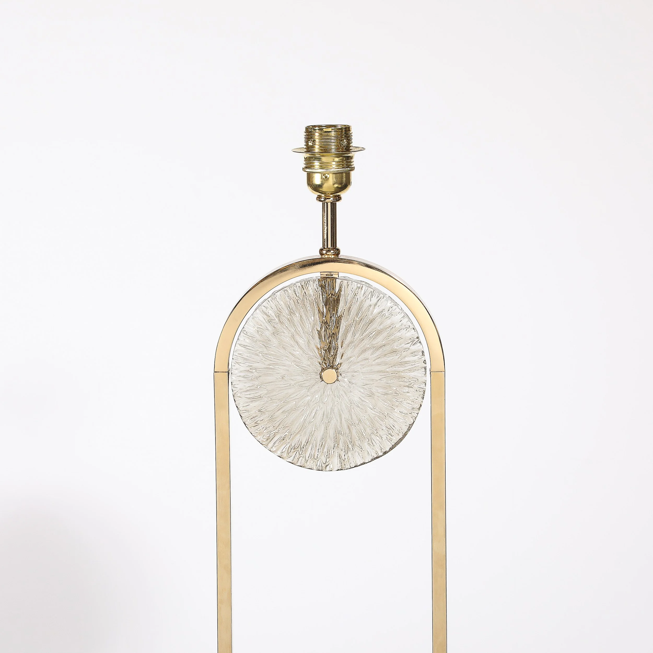 Mid-Century Brass Arch Floor Lamp w/ Textured Glass Medallion & White Marble — image 7