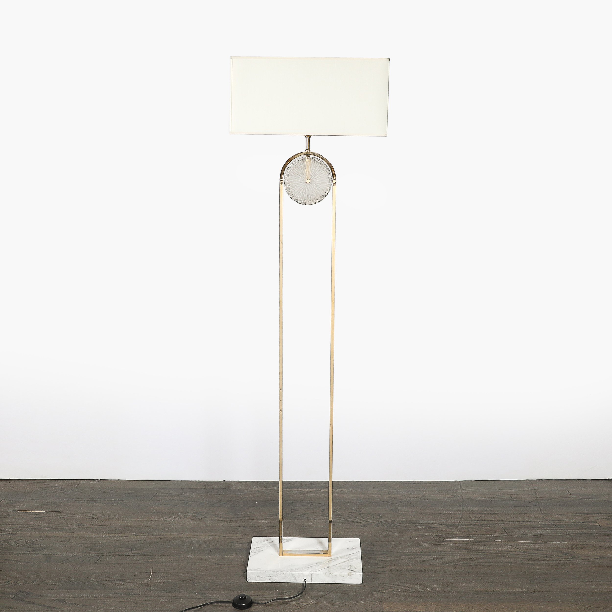 Mid-Century Brass Arch Floor Lamp w/ Textured Glass Medallion & White Marble — image 9
