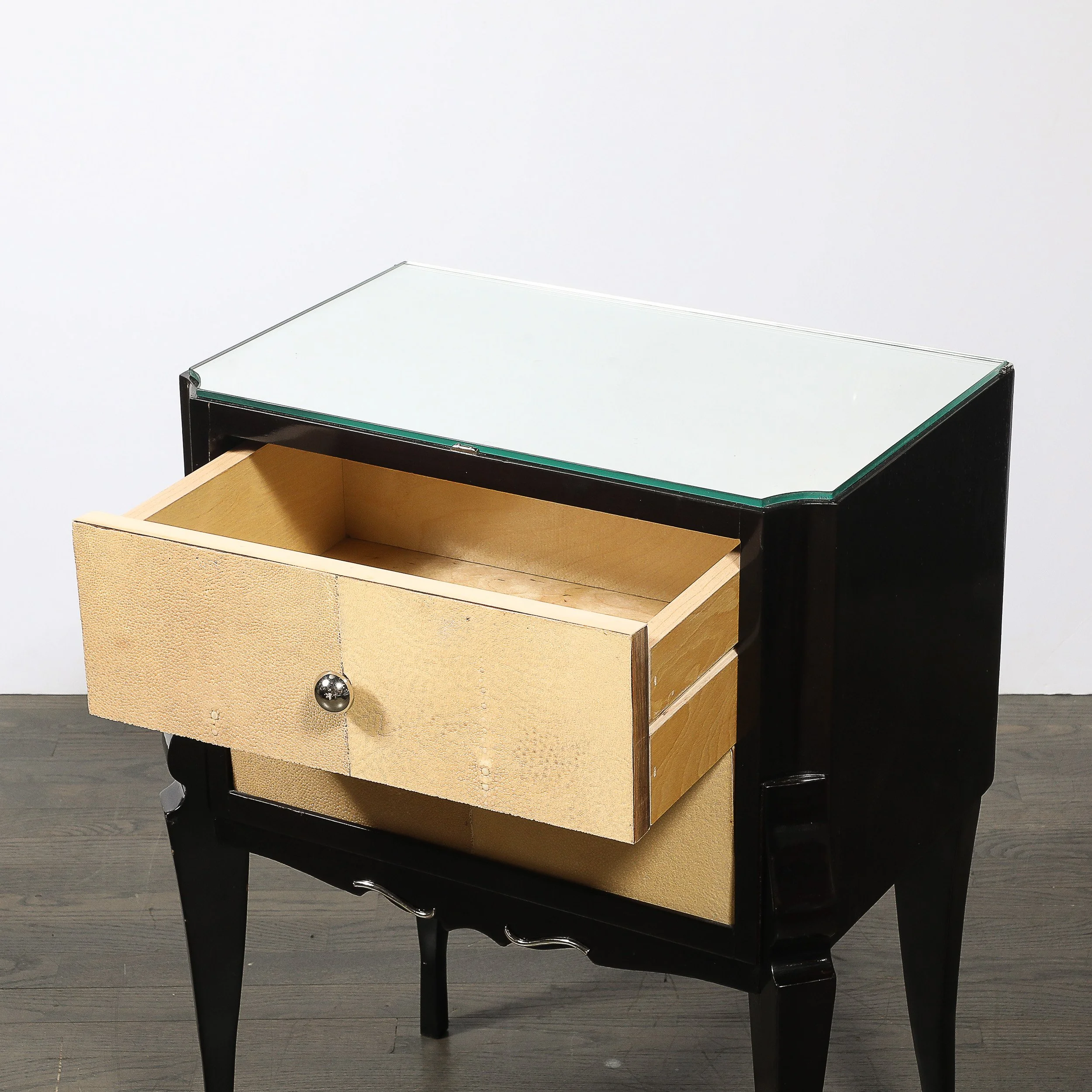 Art Deco Directoire Style Ebonized Nightstands W/Shagreen Fronts & Mirrored Tops — image 2
