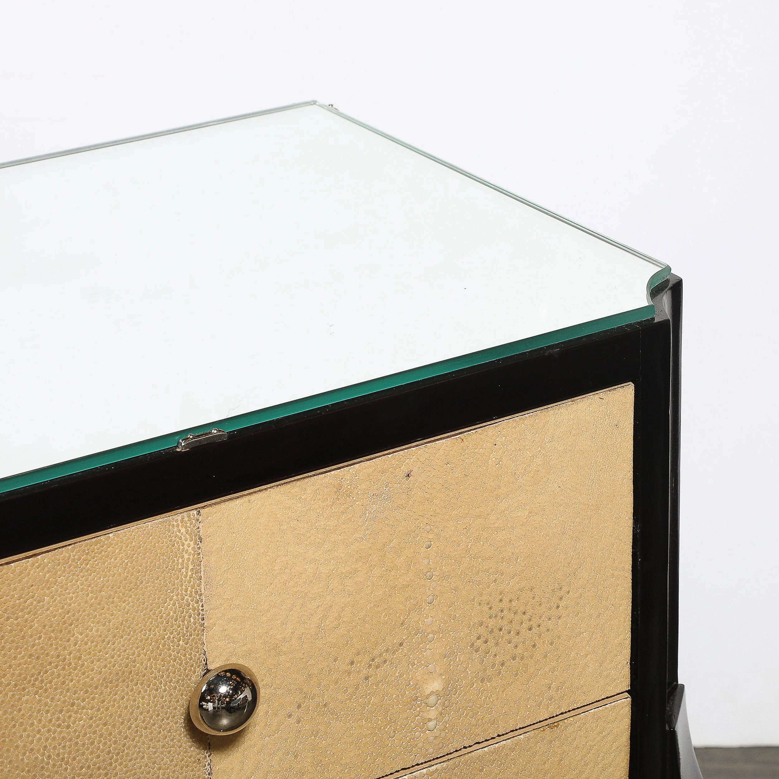 Art Deco Directoire Style Ebonized Nightstands W/Shagreen Fronts & Mirrored Tops — image 3