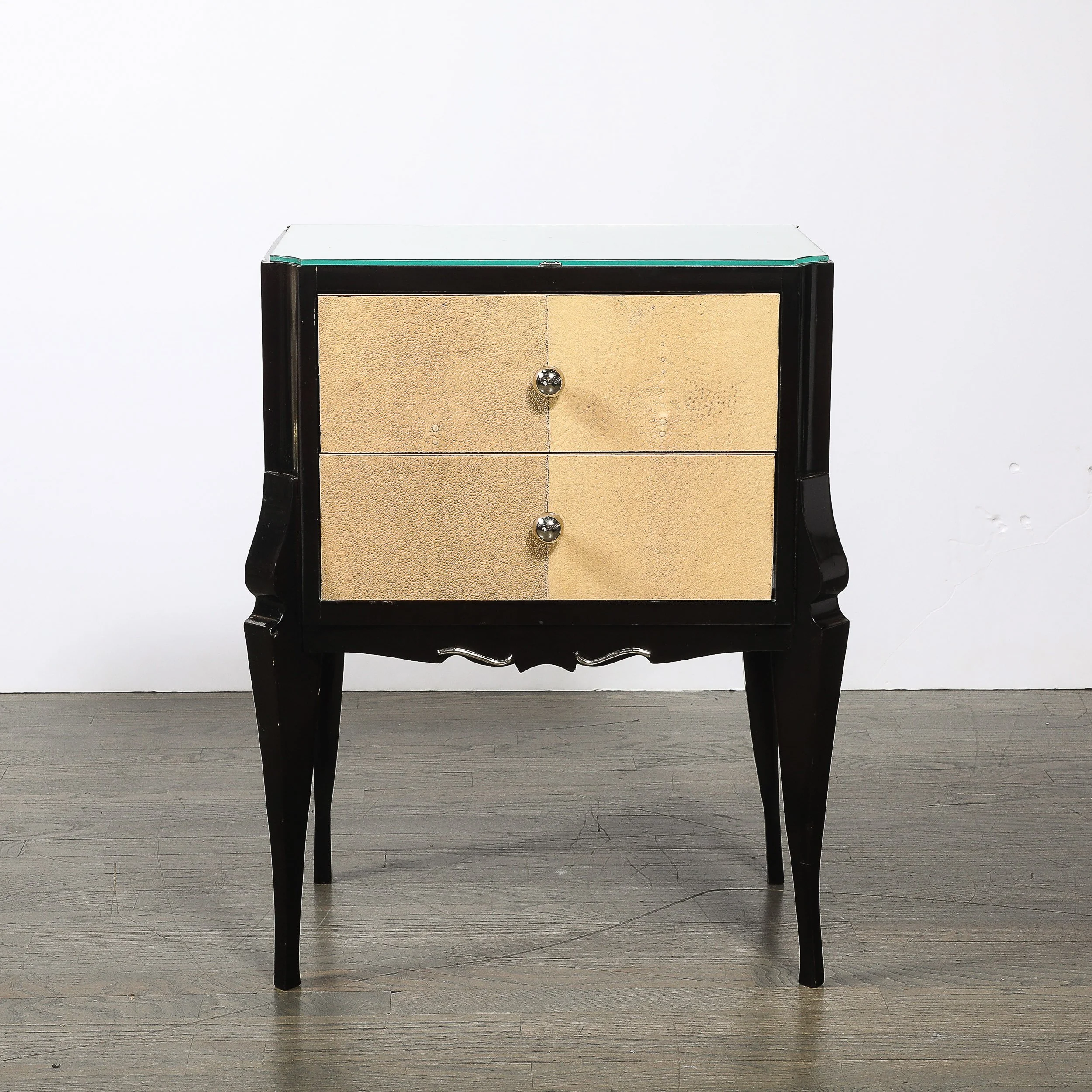 Art Deco Directoire Style Ebonized Nightstands W/Shagreen Fronts & Mirrored Tops — image 4
