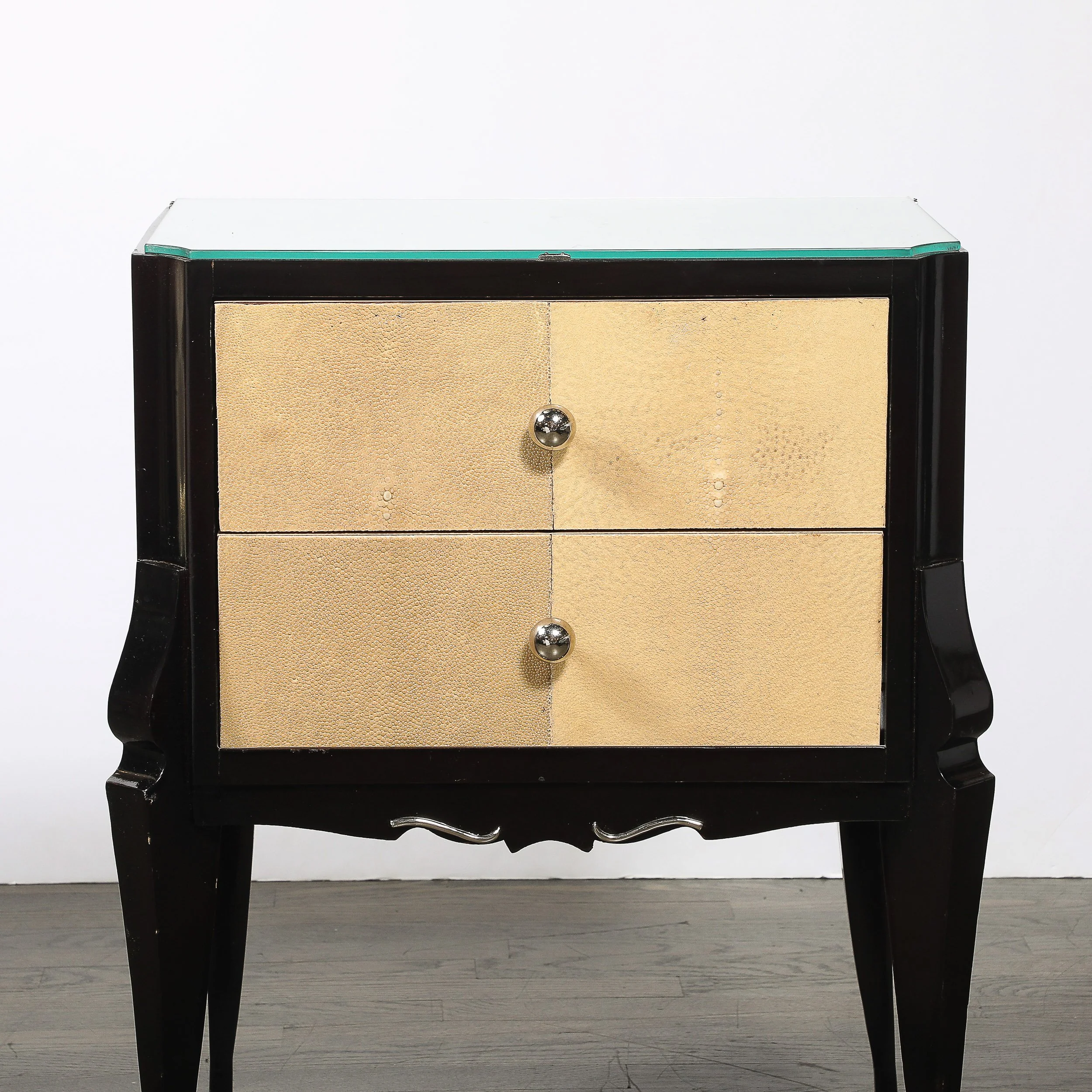 Art Deco Directoire Style Ebonized Nightstands W/Shagreen Fronts & Mirrored Tops — image 5