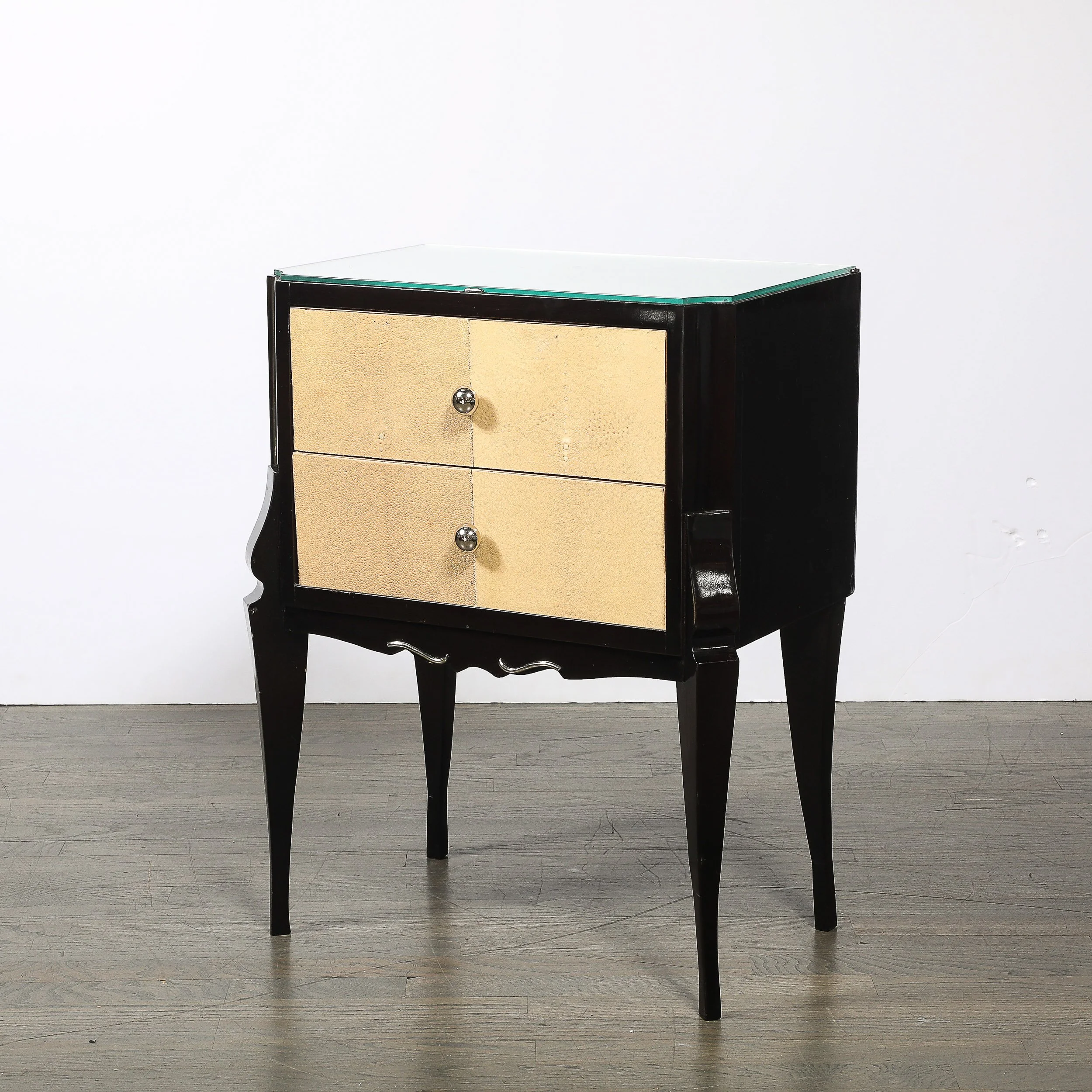 Art Deco Directoire Style Ebonized Nightstands W/Shagreen Fronts & Mirrored Tops — image 7