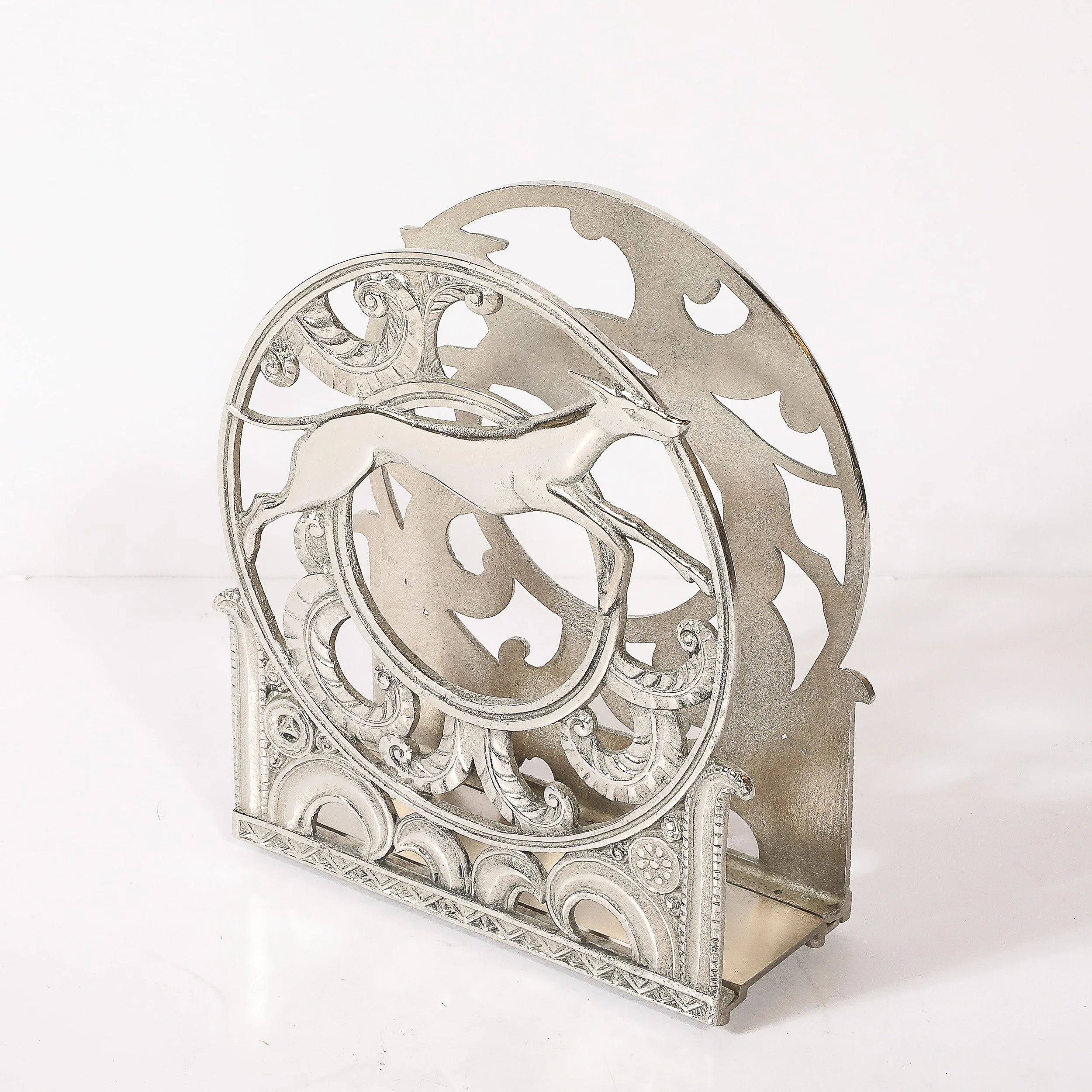Art Deco Nickeled Bronze Magazine Stand of Stylized Leaping Greyhound — image 3