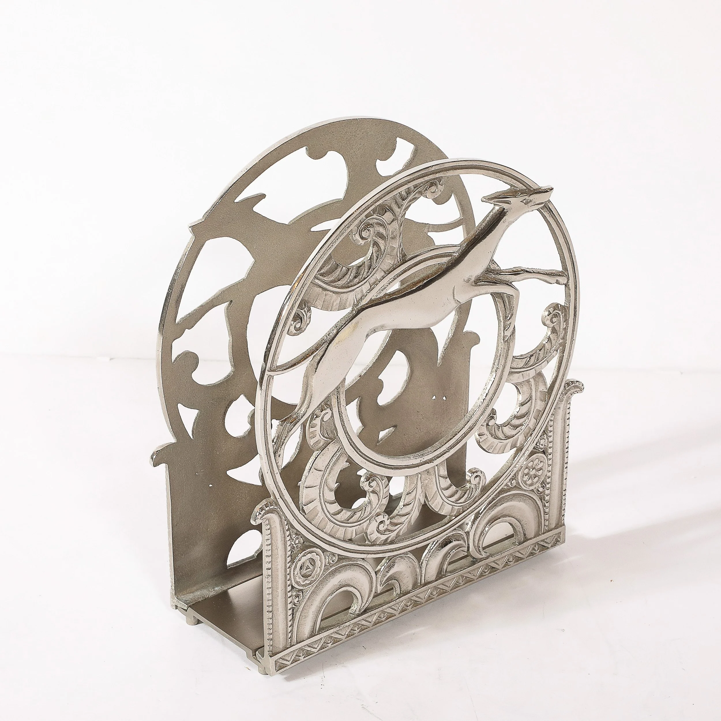 Art Deco Nickeled Bronze Magazine Stand of Stylized Leaping Greyhound — image 8