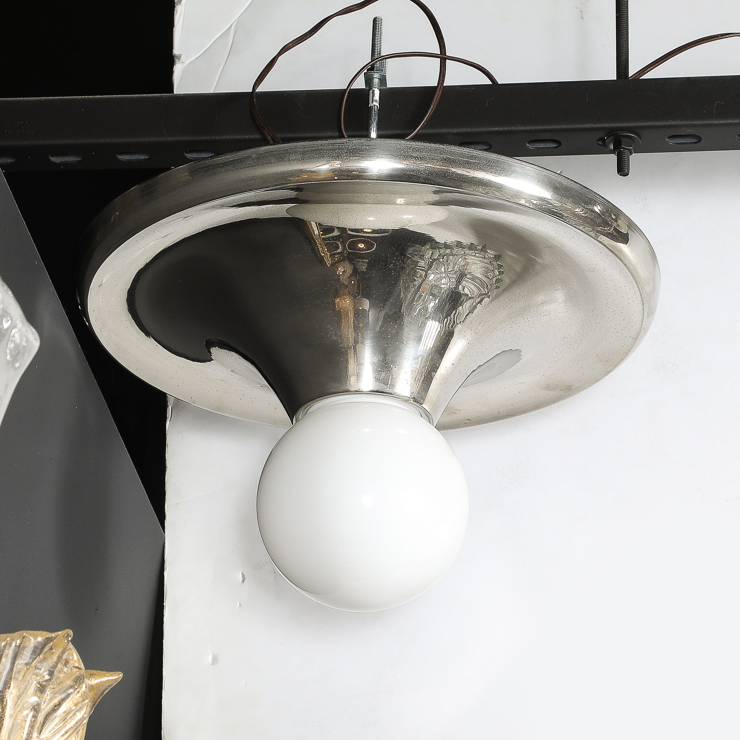 Mid-Century Modern Spherical Chrome Flush Mount with Milk Glass Globe — image 6