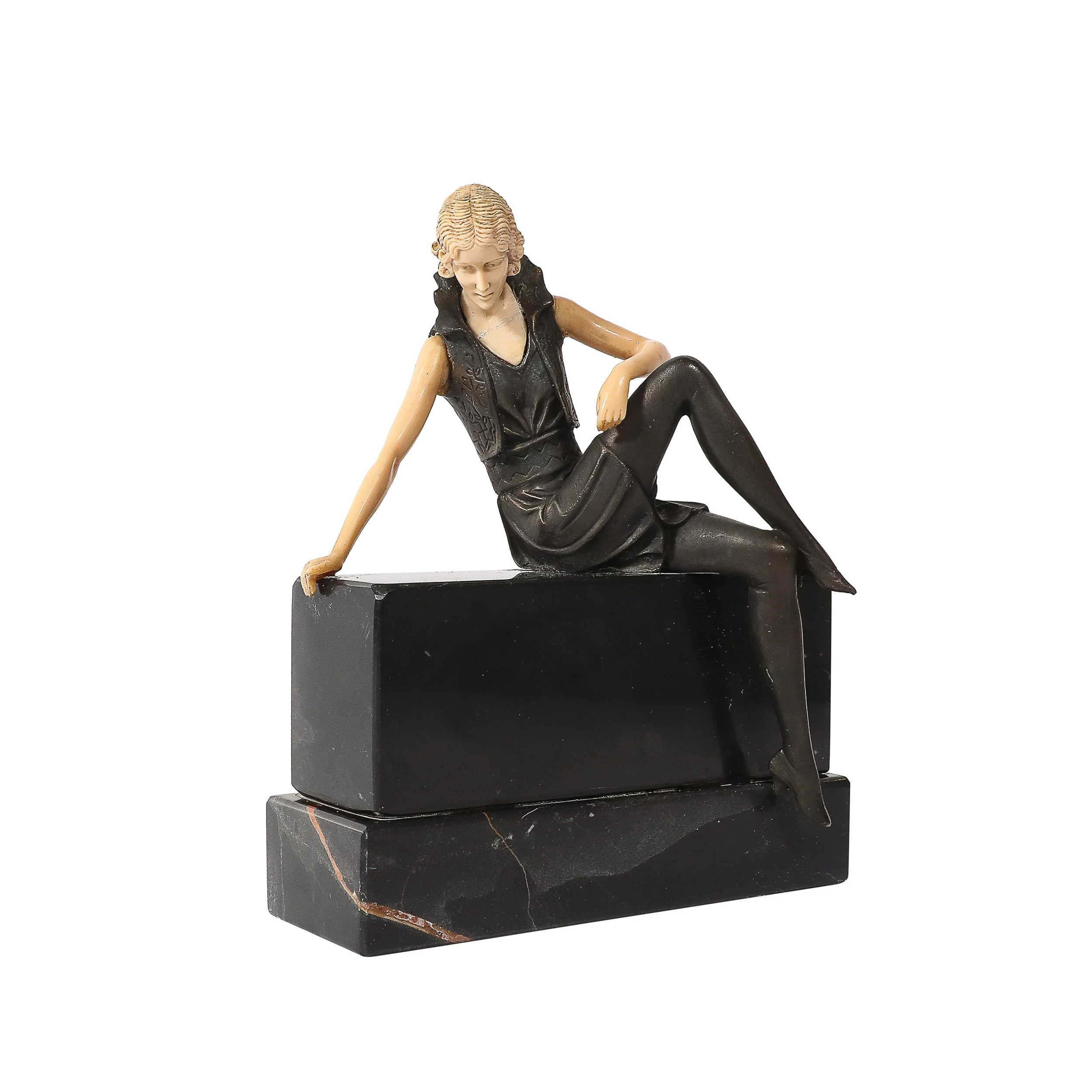 Art Deco Flapper Girl Sculpture In Bronze & Resin on Rectilinear Marble Base — image 1