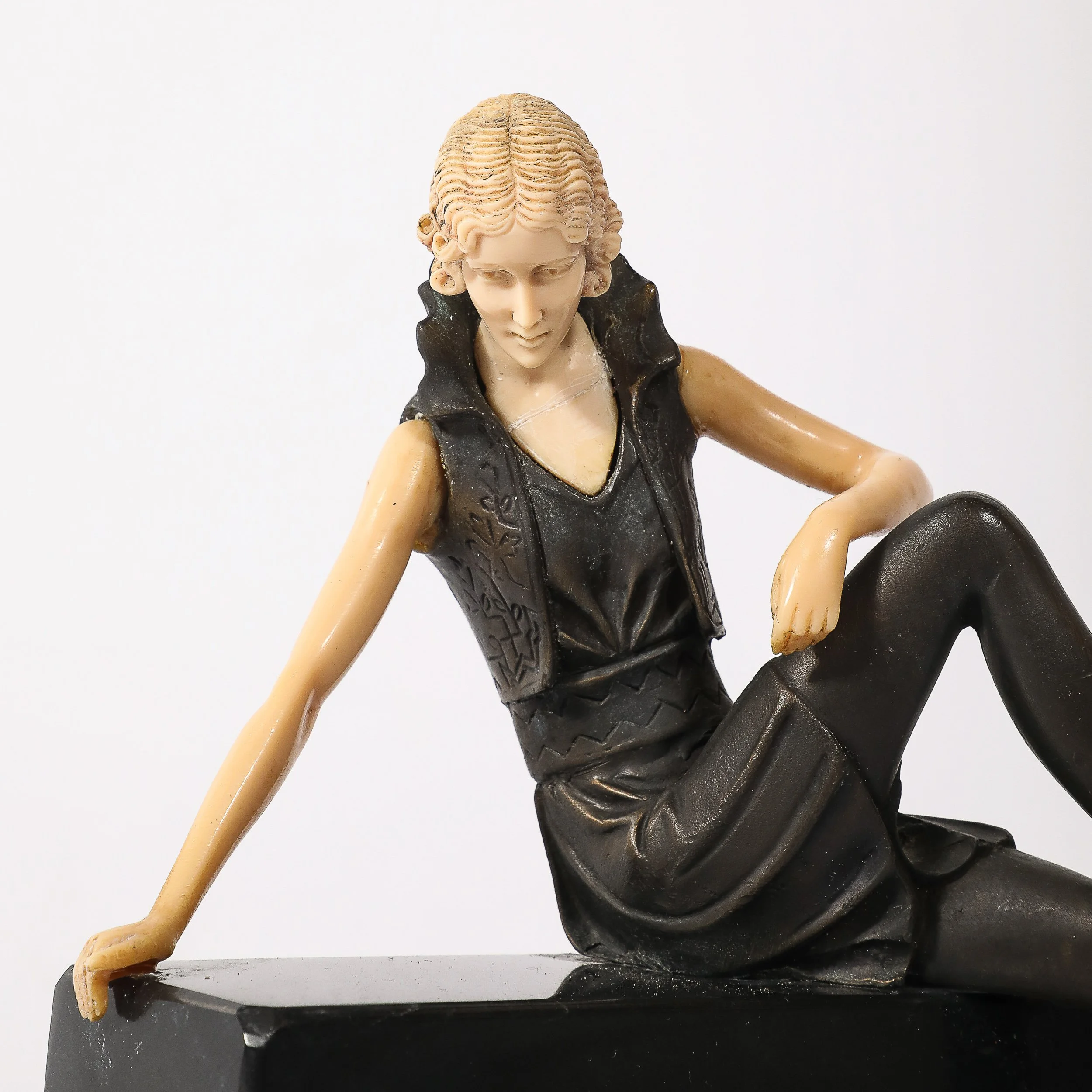 Art Deco Flapper Girl Sculpture In Bronze & Resin on Rectilinear Marble Base — image 2