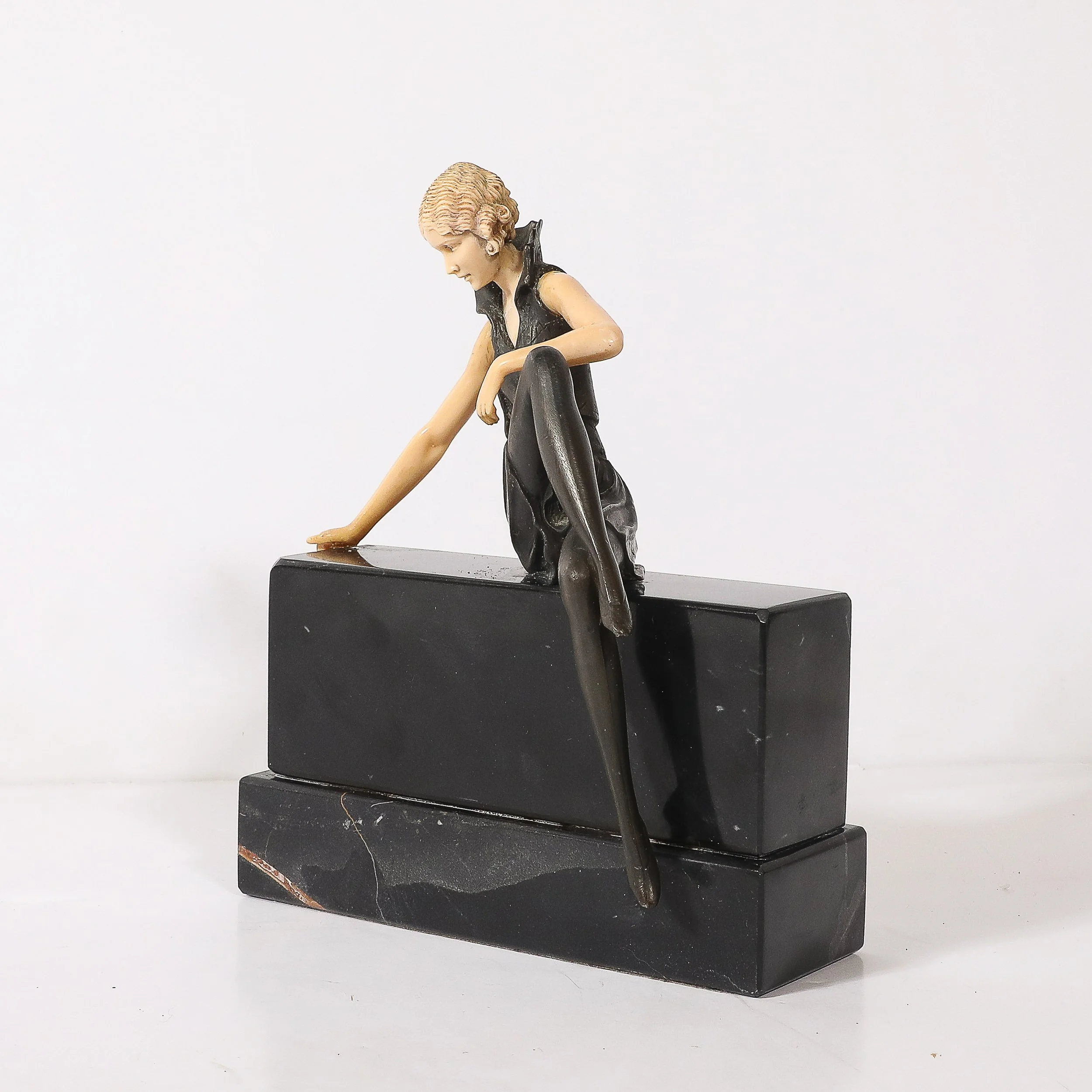 Art Deco Flapper Girl Sculpture In Bronze & Resin on Rectilinear Marble Base — image 3
