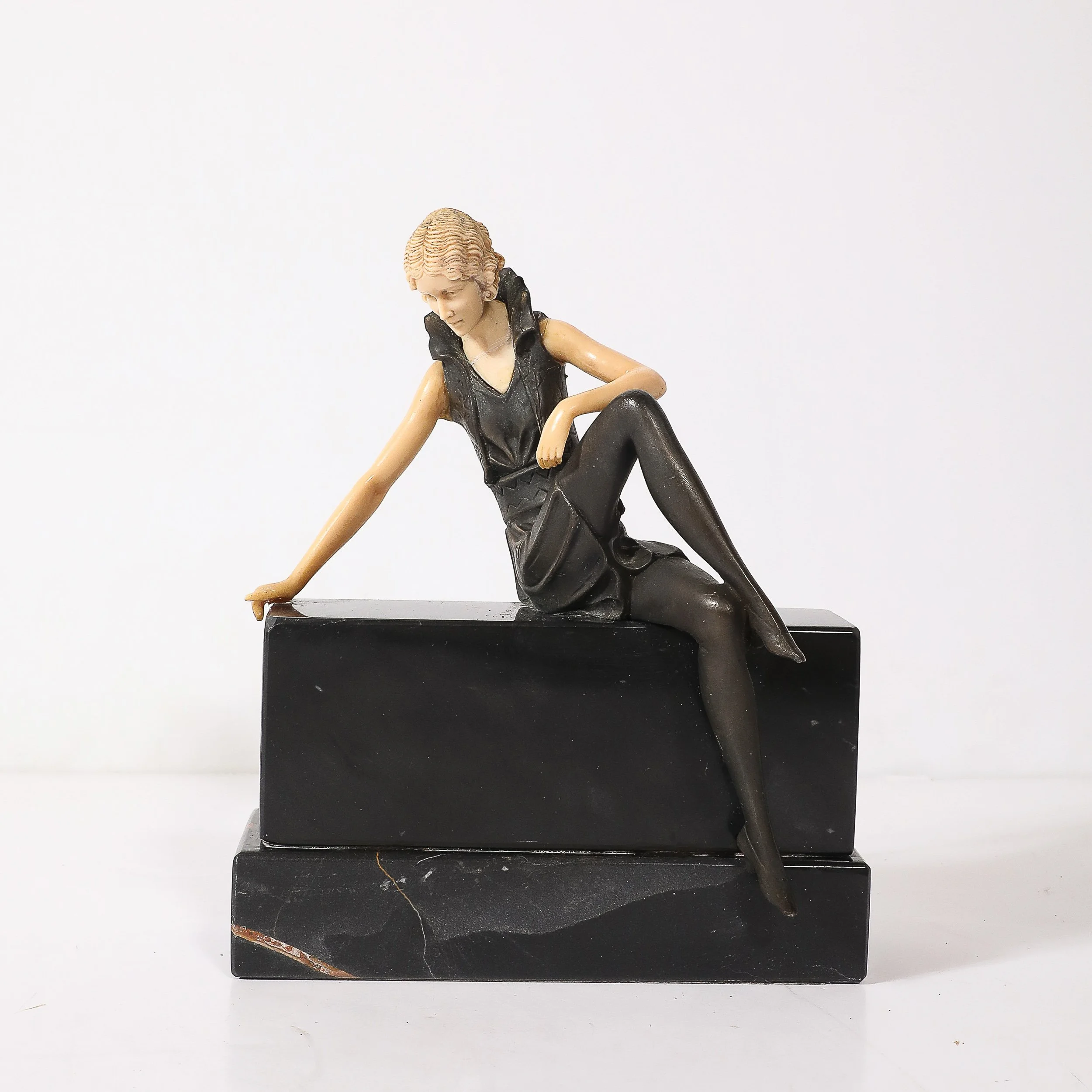 Art Deco Flapper Girl Sculpture In Bronze & Resin on Rectilinear Marble Base — image 4