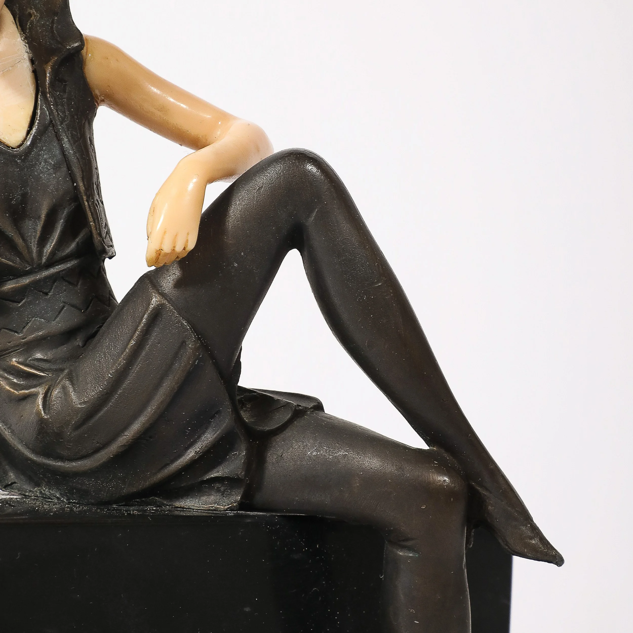 Art Deco Flapper Girl Sculpture In Bronze & Resin on Rectilinear Marble Base — image 7