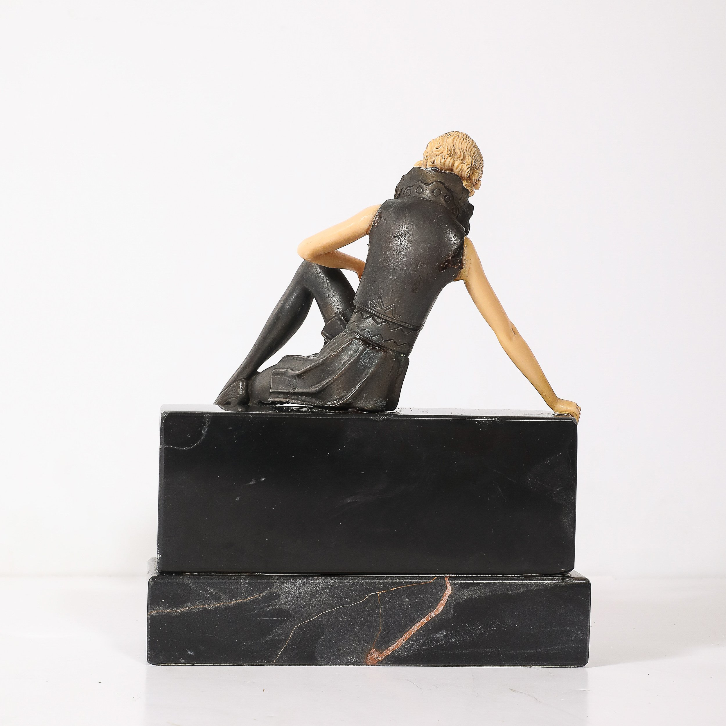 Art Deco Flapper Girl Sculpture In Bronze & Resin on Rectilinear Marble Base — image 8