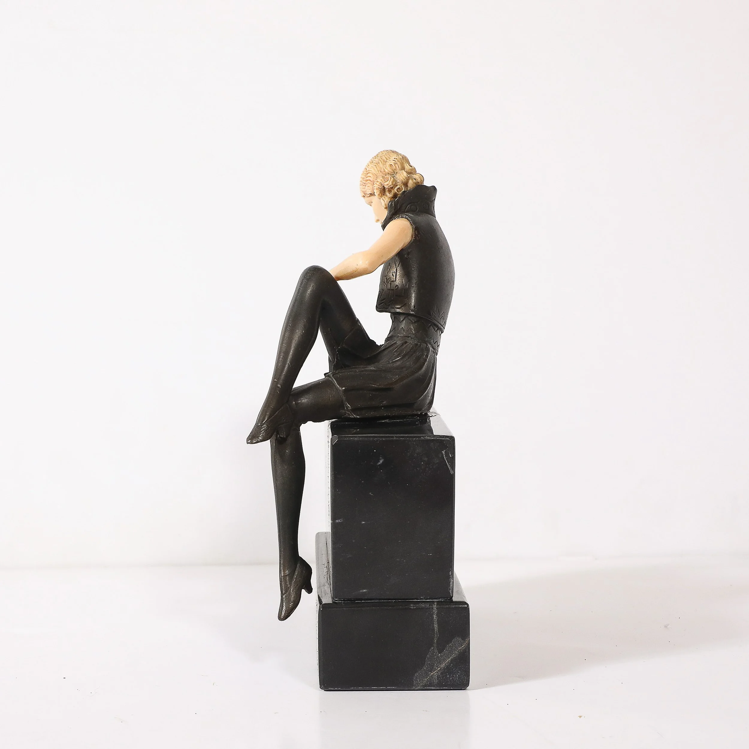 Art Deco Flapper Girl Sculpture In Bronze & Resin on Rectilinear Marble Base — image 9