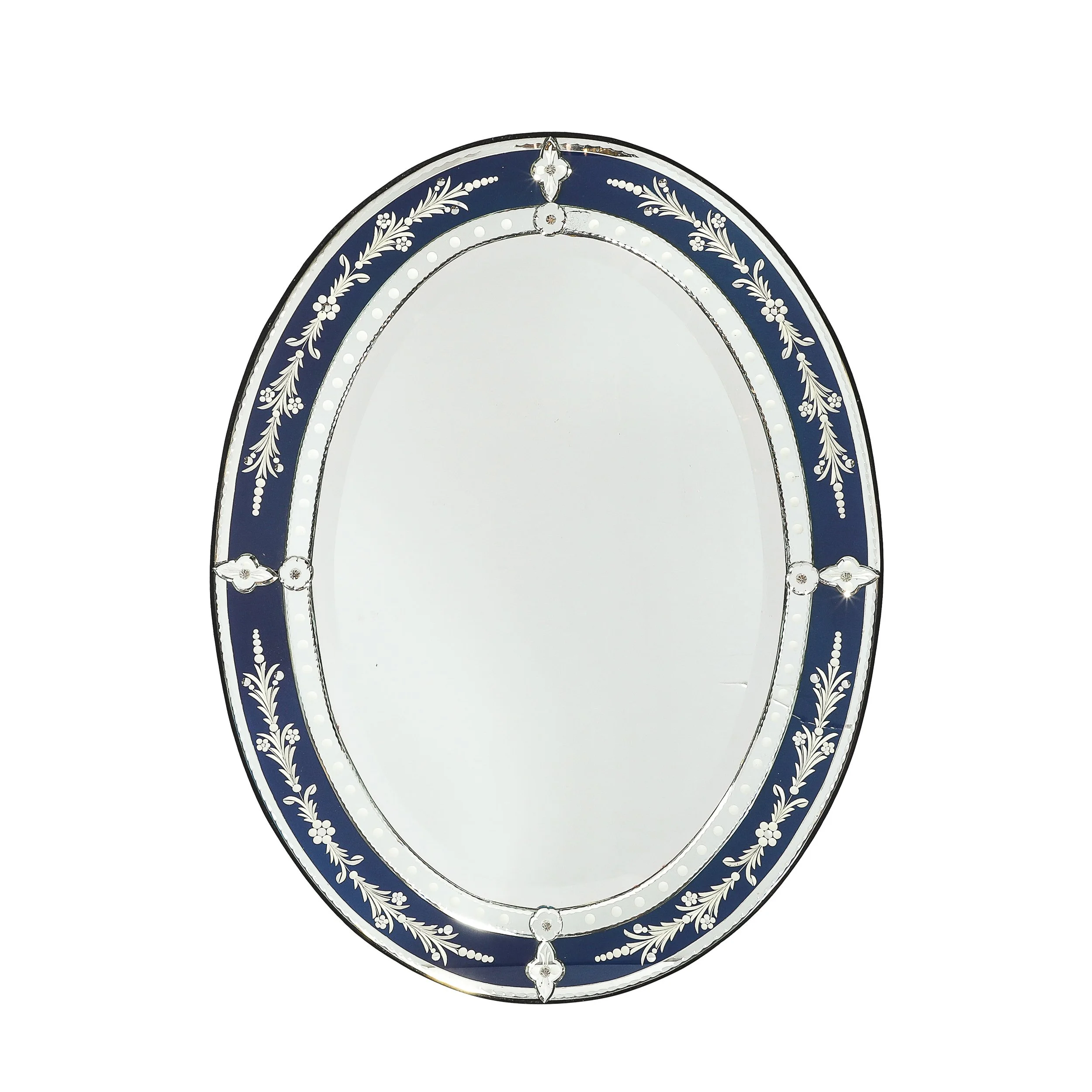 Mid-Century Venetian Glass Reverse-Etched Oval Mirror w/ Sapphire Blue Border — image 1