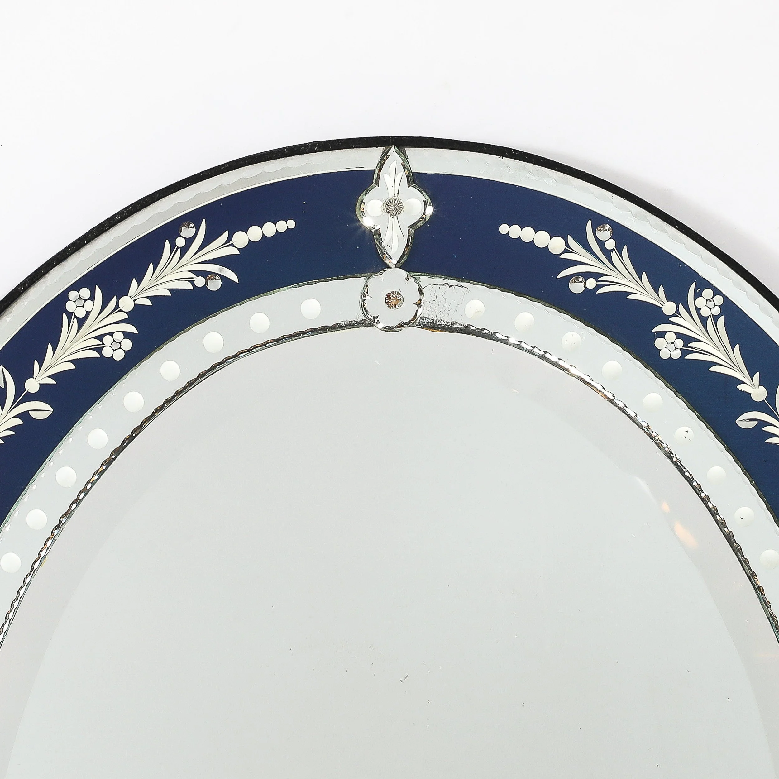 Mid-Century Venetian Glass Reverse-Etched Oval Mirror w/ Sapphire Blue Border — image 2