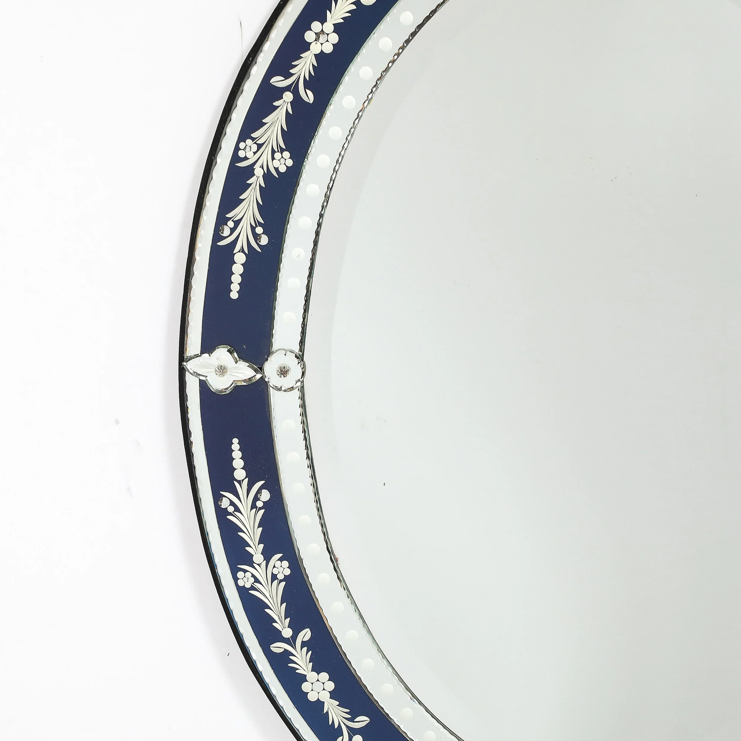 Mid-Century Venetian Glass Reverse-Etched Oval Mirror w/ Sapphire Blue Border — image 3