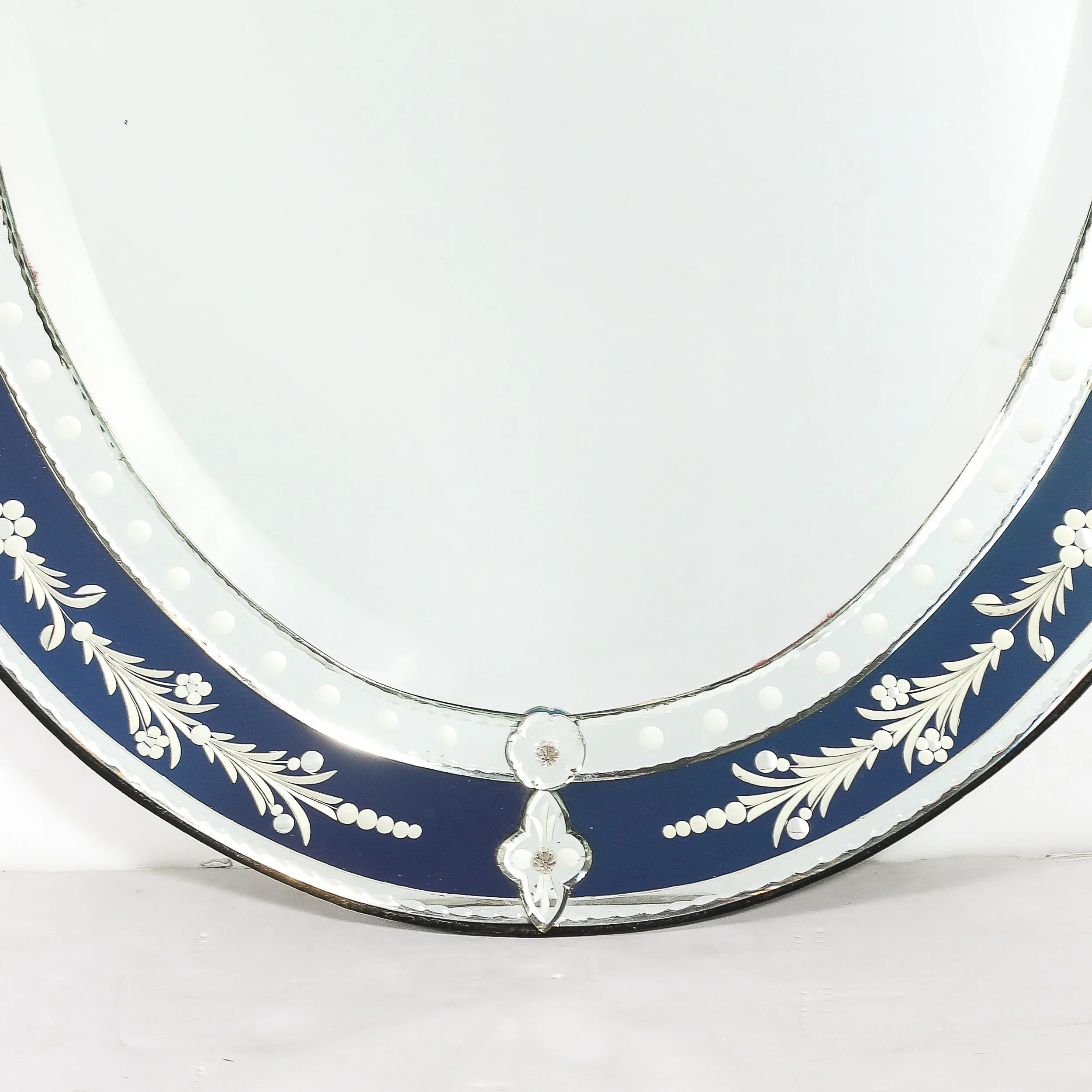 Mid-Century Venetian Glass Reverse-Etched Oval Mirror w/ Sapphire Blue Border — image 4
