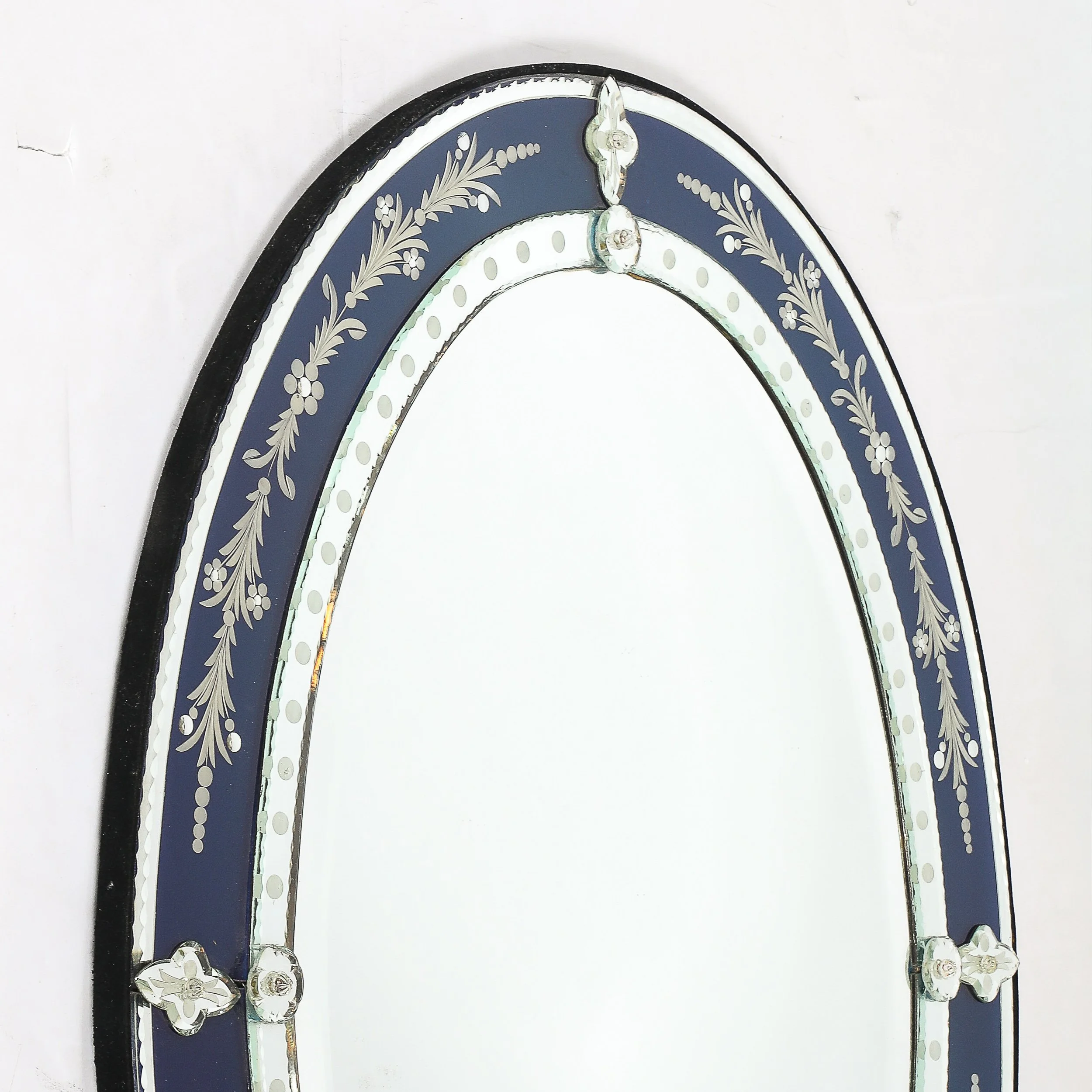Mid-Century Venetian Glass Reverse-Etched Oval Mirror w/ Sapphire Blue Border — image 6