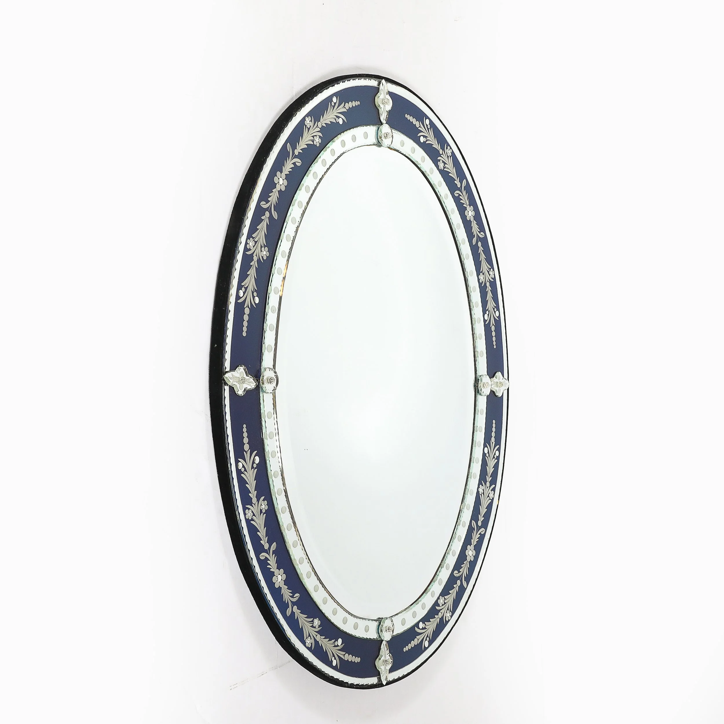 Mid-Century Venetian Glass Reverse-Etched Oval Mirror w/ Sapphire Blue Border — image 7