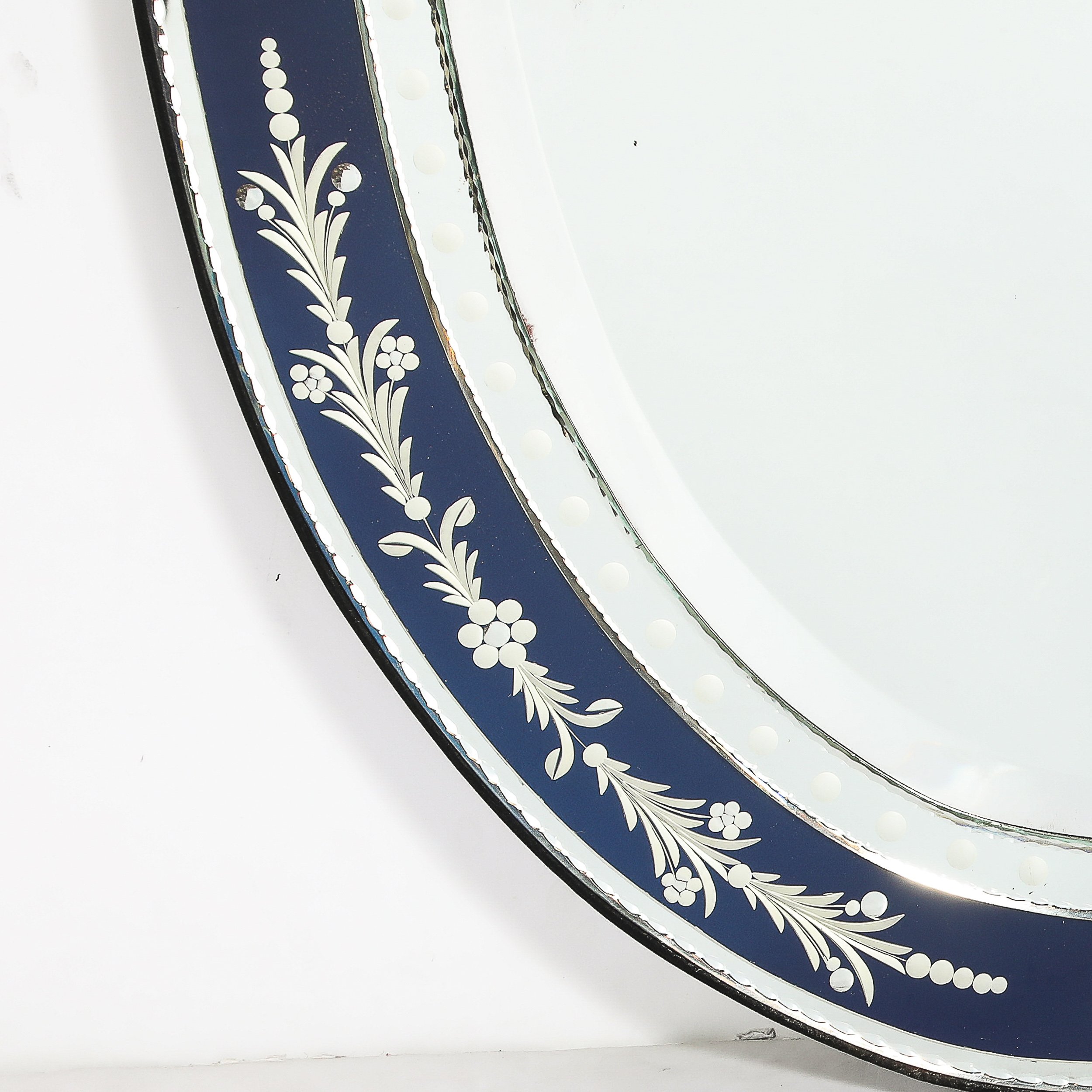 Mid-Century Venetian Glass Reverse-Etched Oval Mirror w/ Sapphire Blue Border — image 8