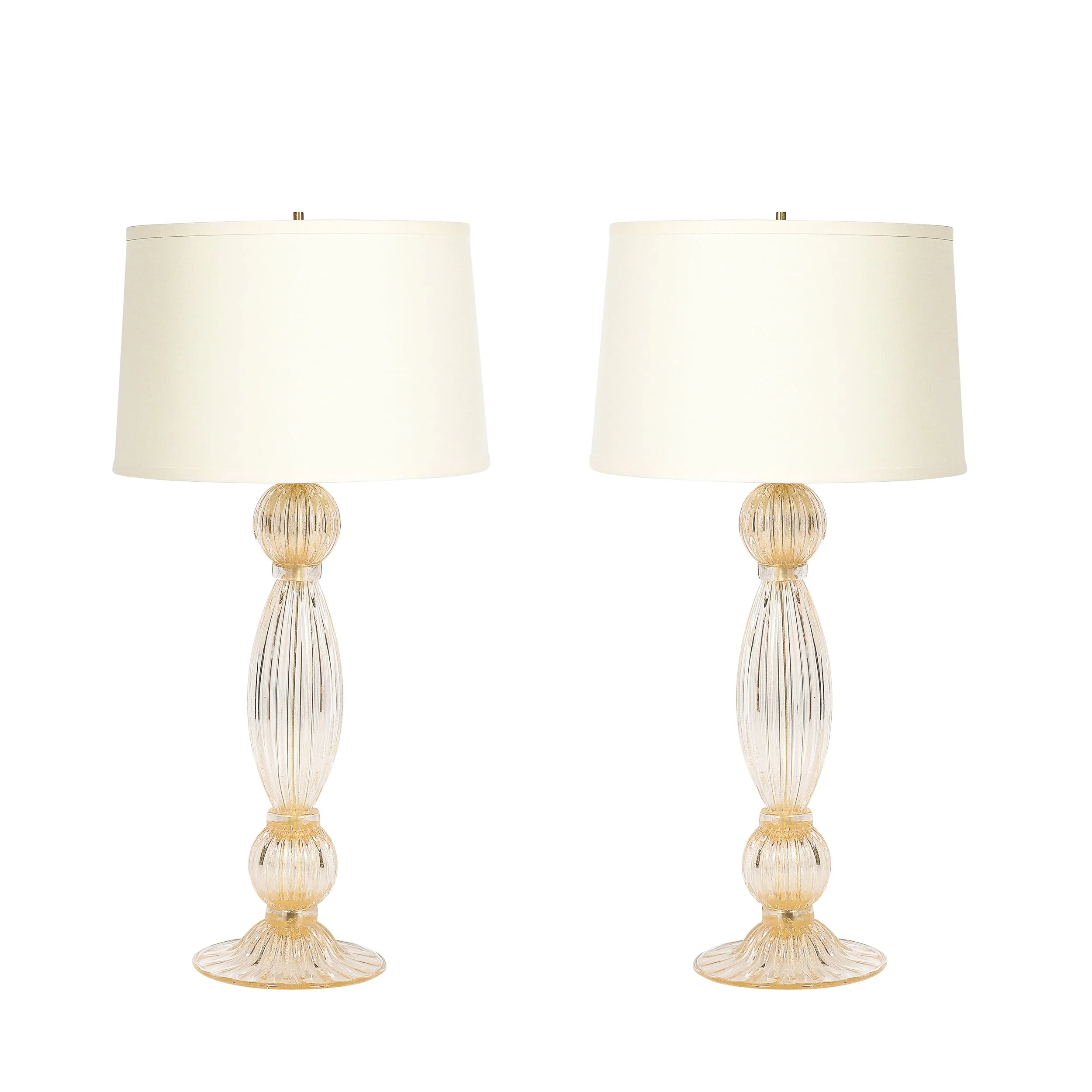 Pair of Modernist Reeded Translucent Glass Table Lamps with 24-karat Gold Flecks — image 1