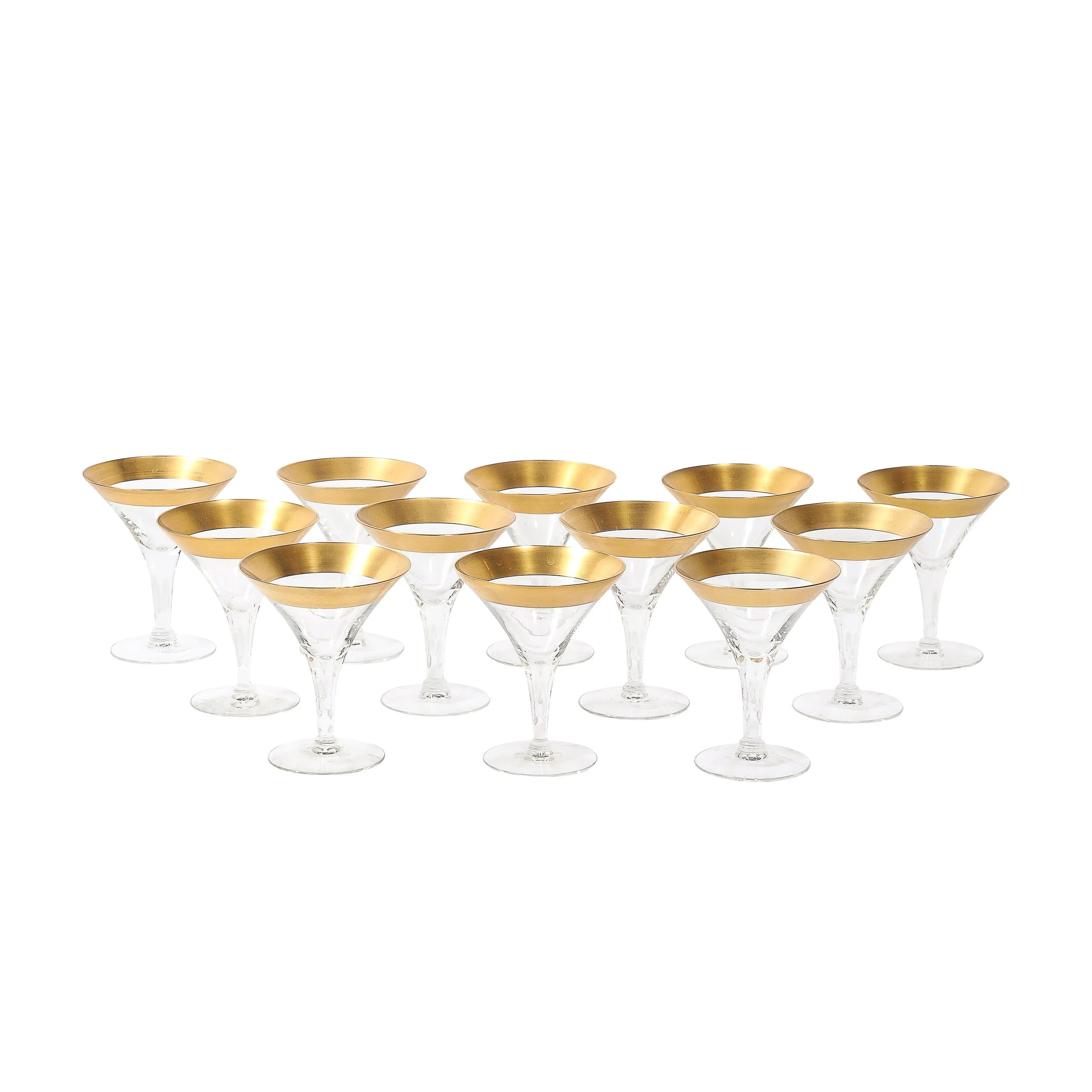 Set of 12 Mid-Century Modernist Gilt Rimmed Martini Glasses by Dorothy Thorpe — image 1