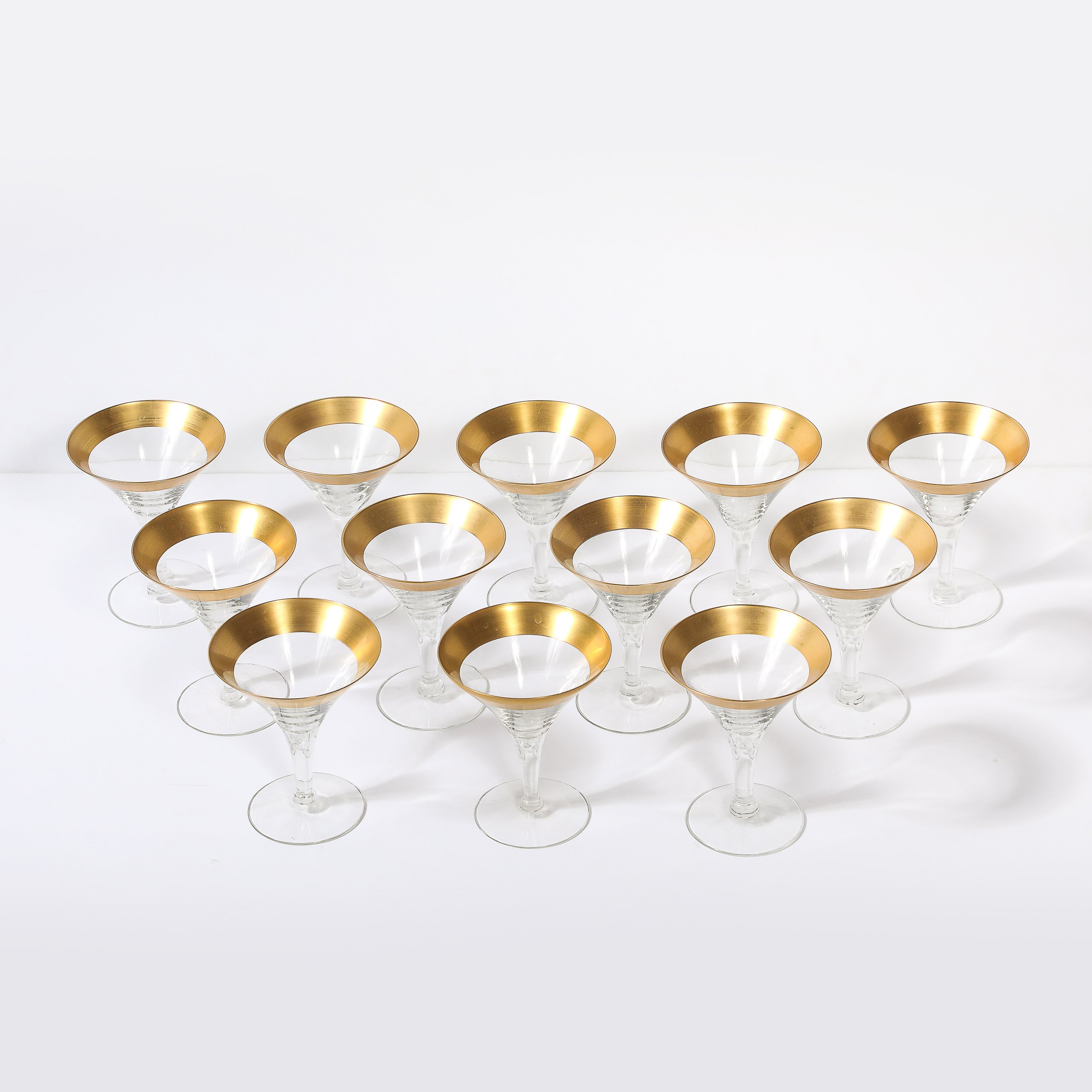 Set of 12 Mid-Century Modernist Gilt Rimmed Martini Glasses by Dorothy Thorpe — image 4