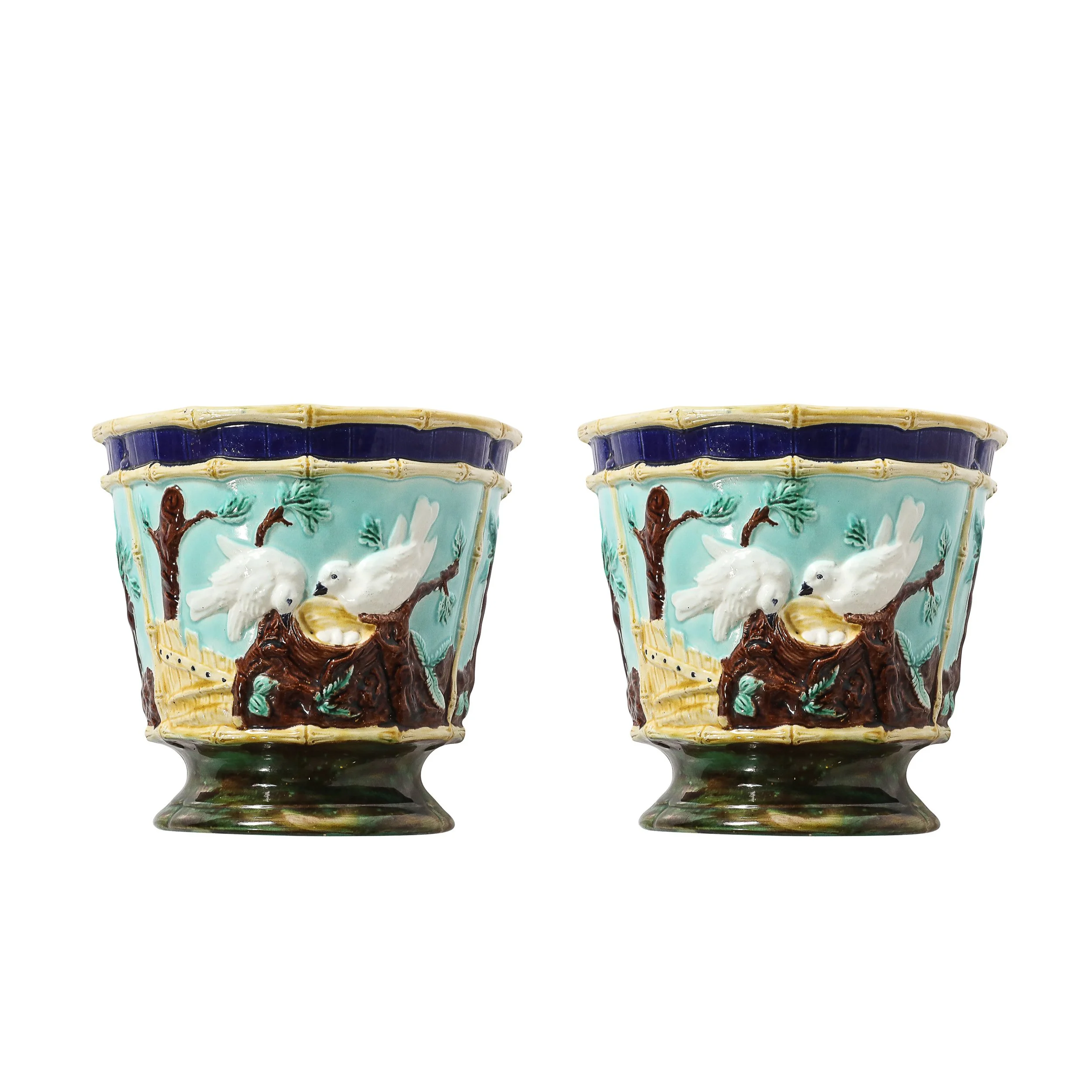 Pair of Signed Majolica Ceramic Cachepots w/ Birds, Nests & Bamboo Border Detail — image 1