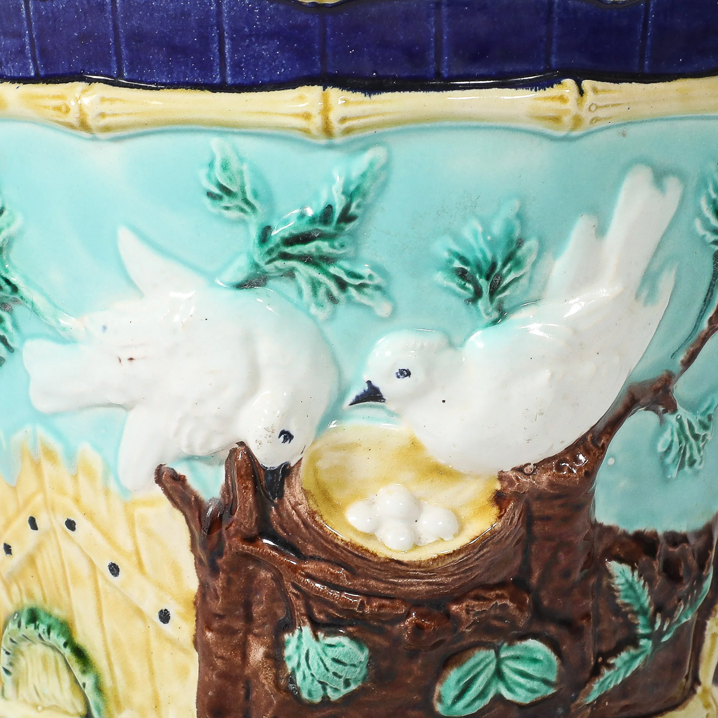 Pair of Signed Majolica Ceramic Cachepots w/ Birds, Nests & Bamboo Border Detail — image 2