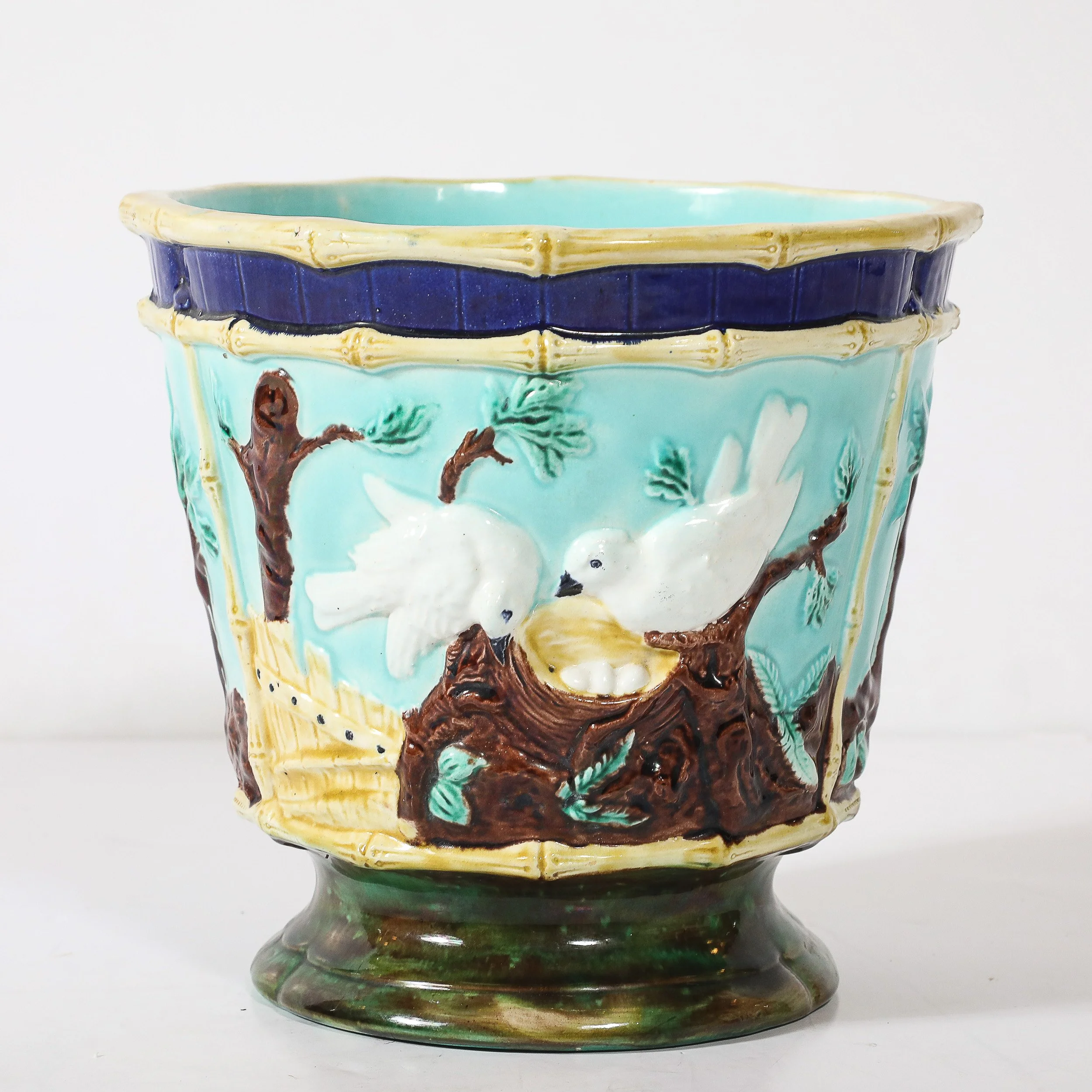 Pair of Signed Majolica Ceramic Cachepots w/ Birds, Nests & Bamboo Border Detail — image 3