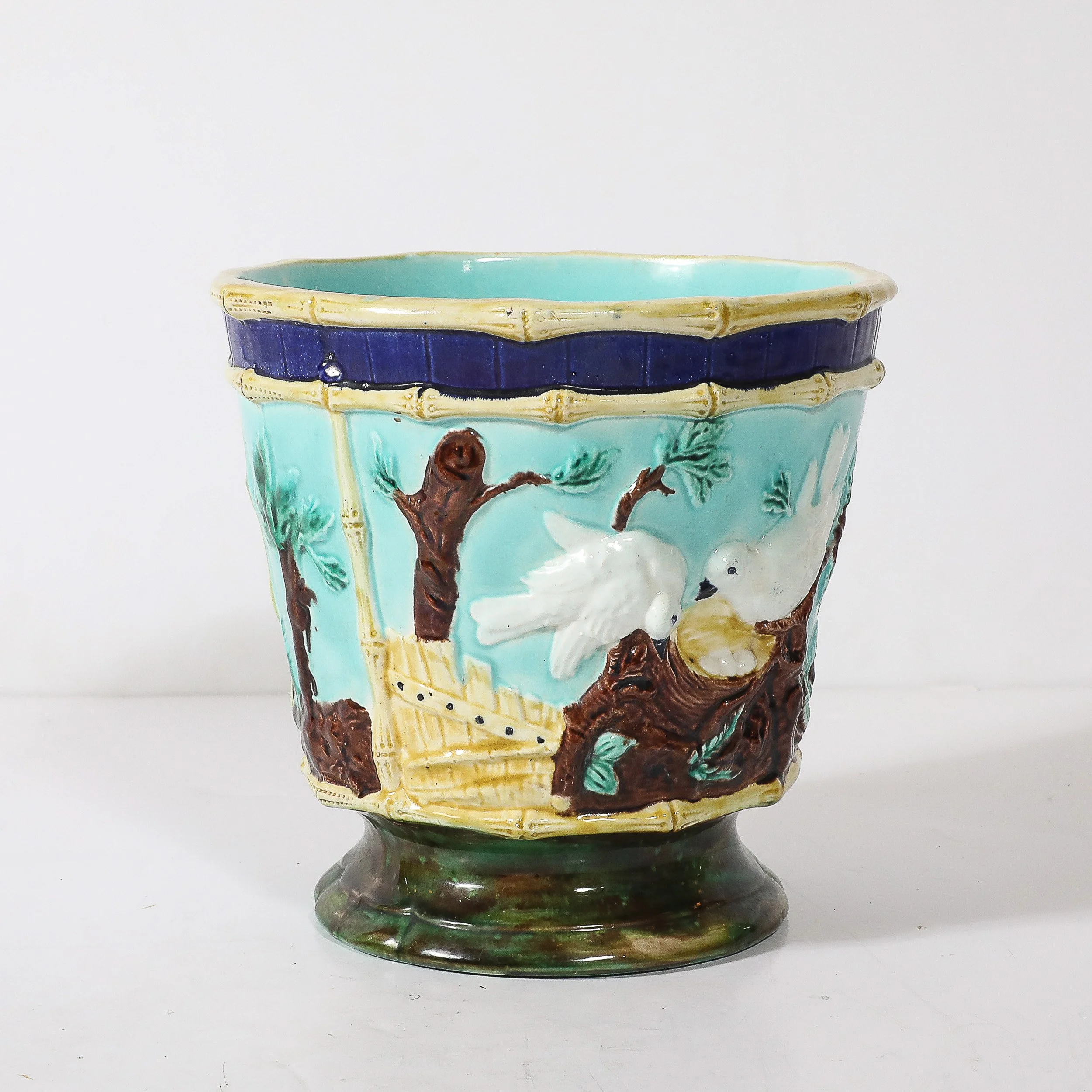 Pair of Signed Majolica Ceramic Cachepots w/ Birds, Nests & Bamboo Border Detail — image 4