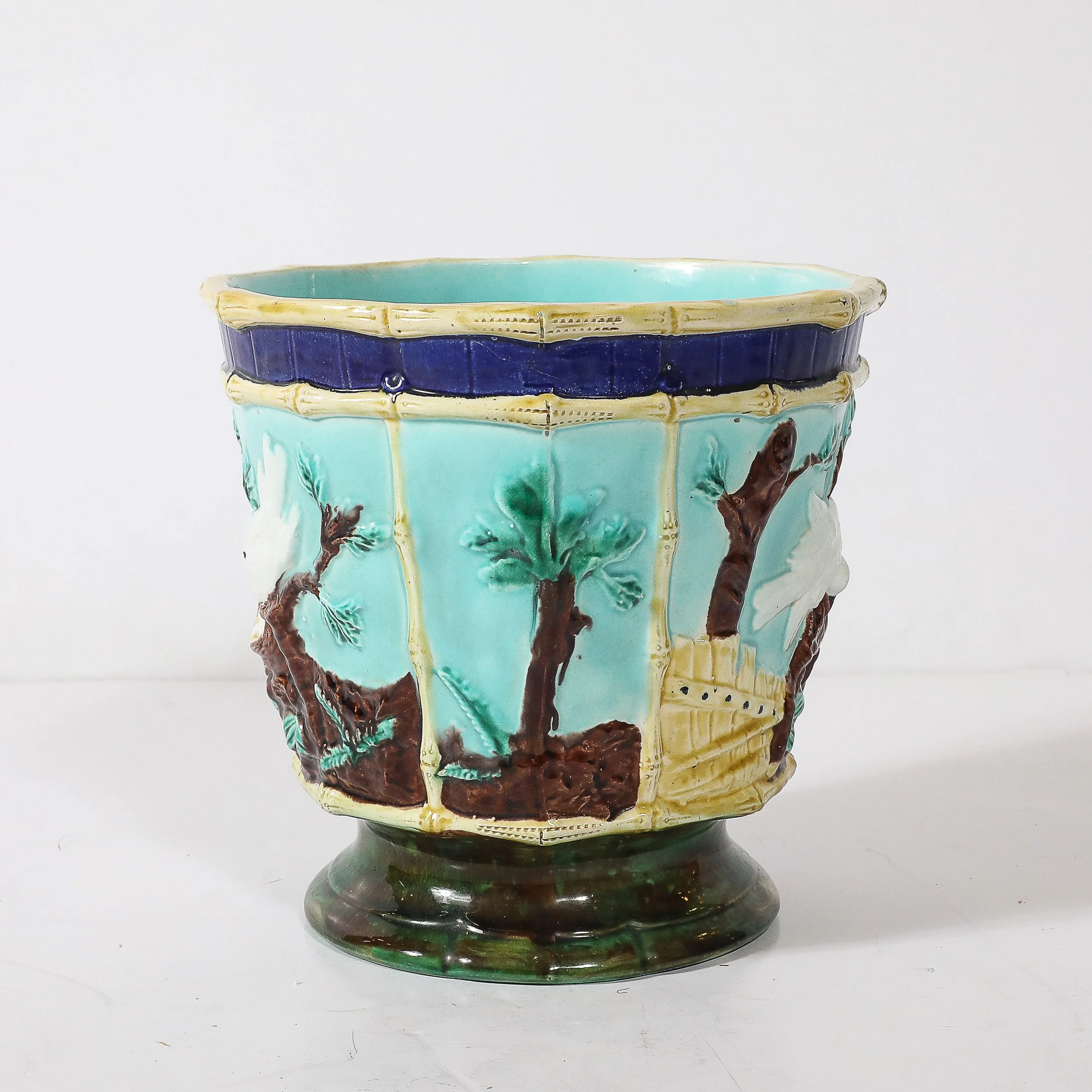 Pair of Signed Majolica Ceramic Cachepots w/ Birds, Nests & Bamboo Border Detail — image 5