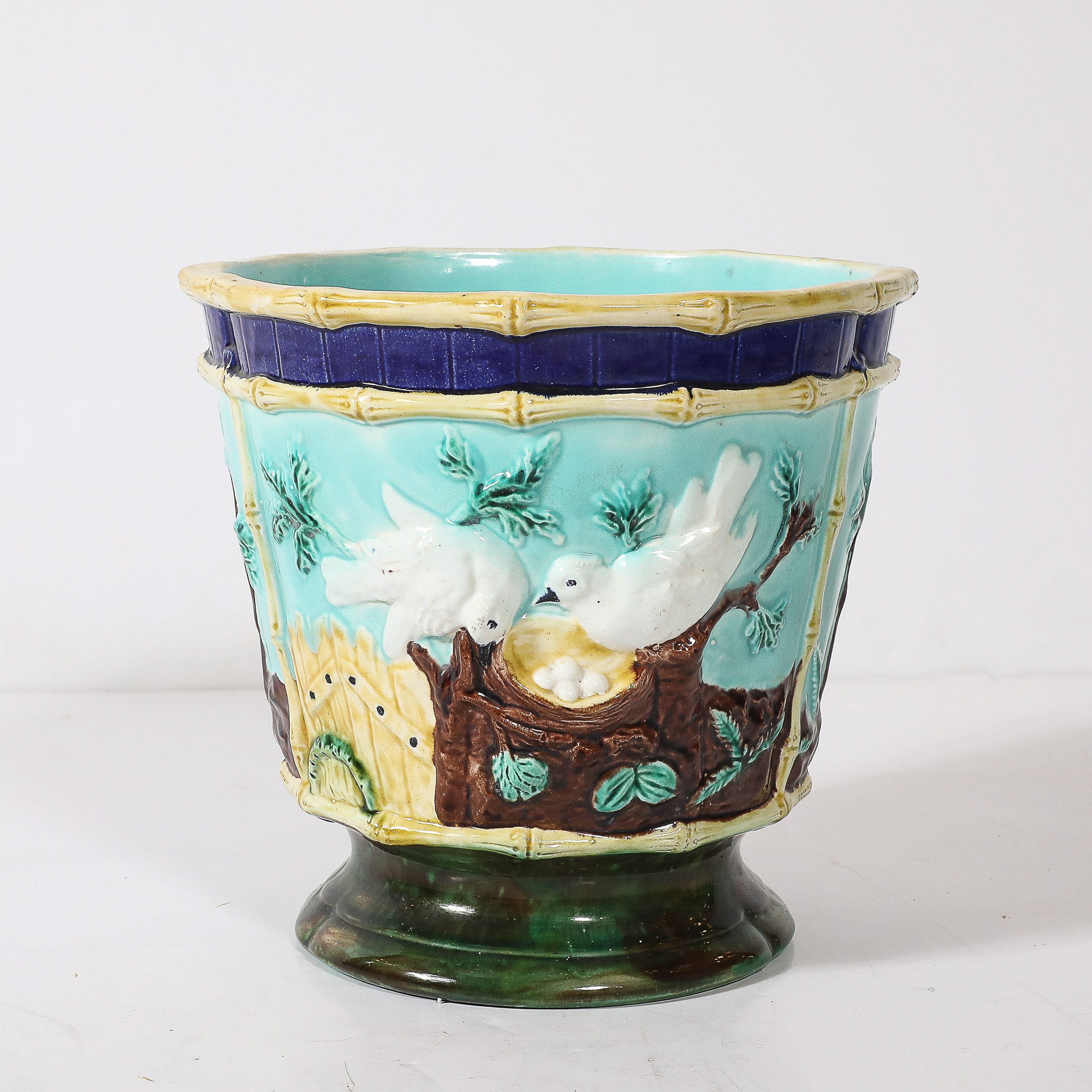 Pair of Signed Majolica Ceramic Cachepots w/ Birds, Nests & Bamboo Border Detail — image 6