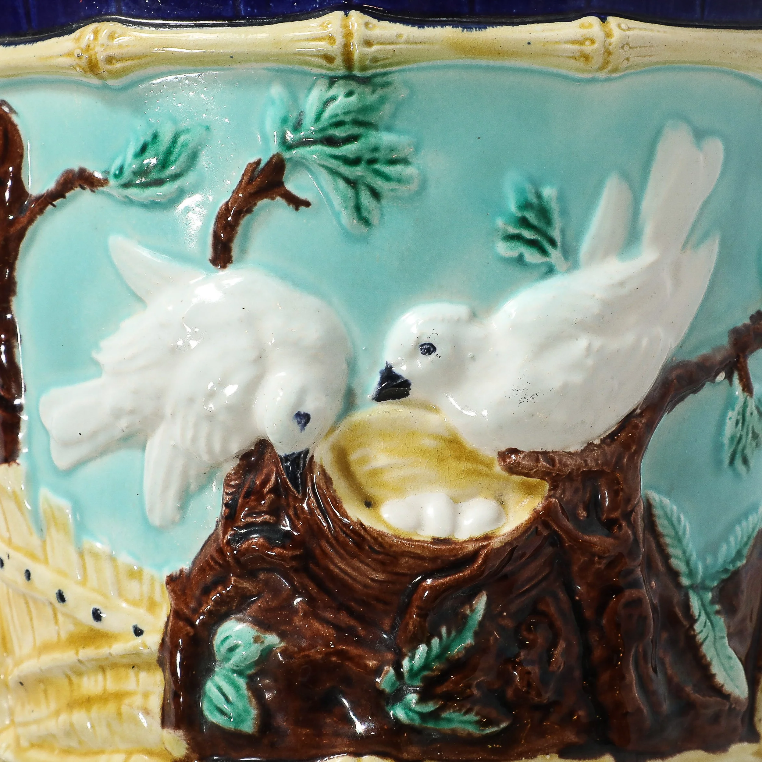 Pair of Signed Majolica Ceramic Cachepots w/ Birds, Nests & Bamboo Border Detail — image 7