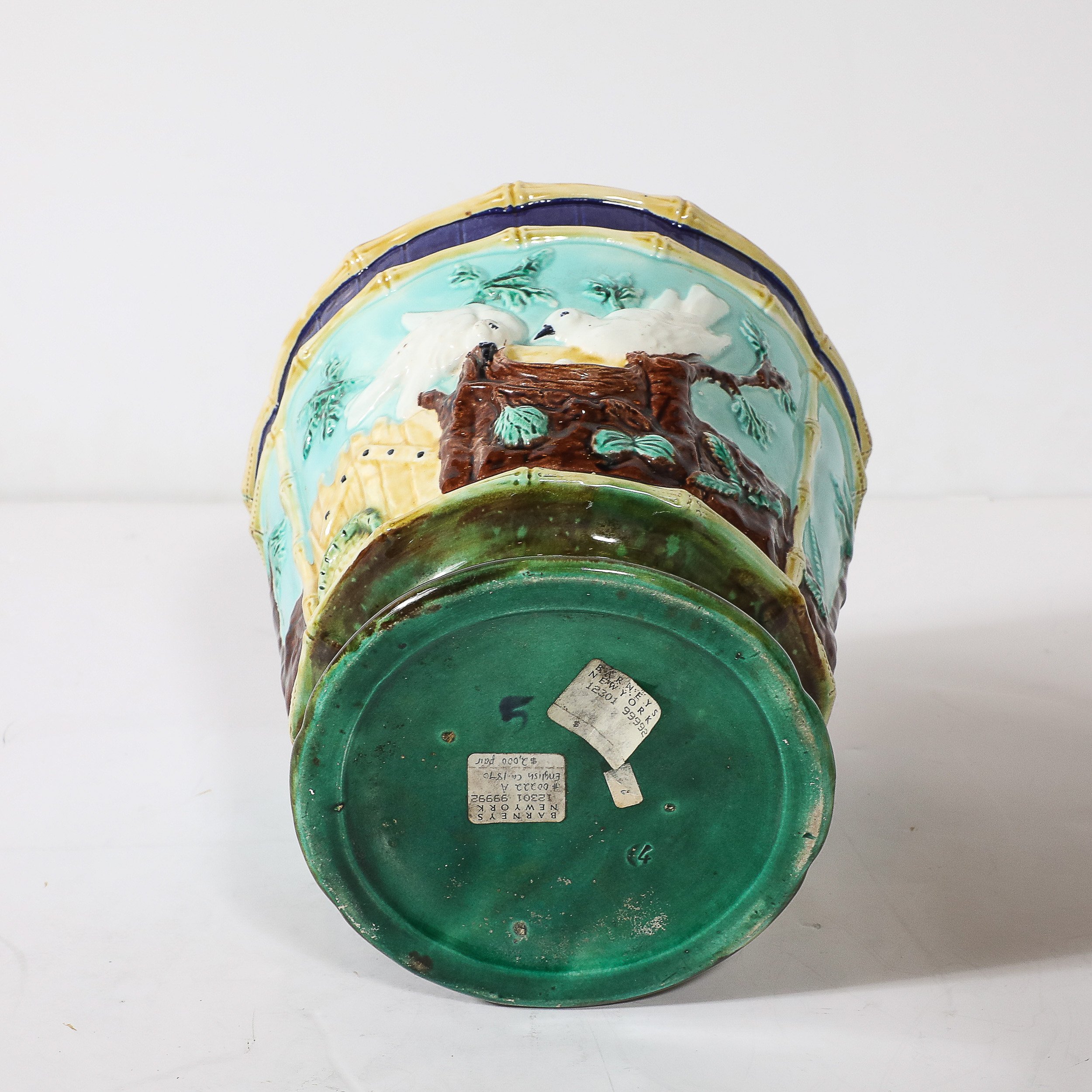 Pair of Signed Majolica Ceramic Cachepots w/ Birds, Nests & Bamboo Border Detail — image 8
