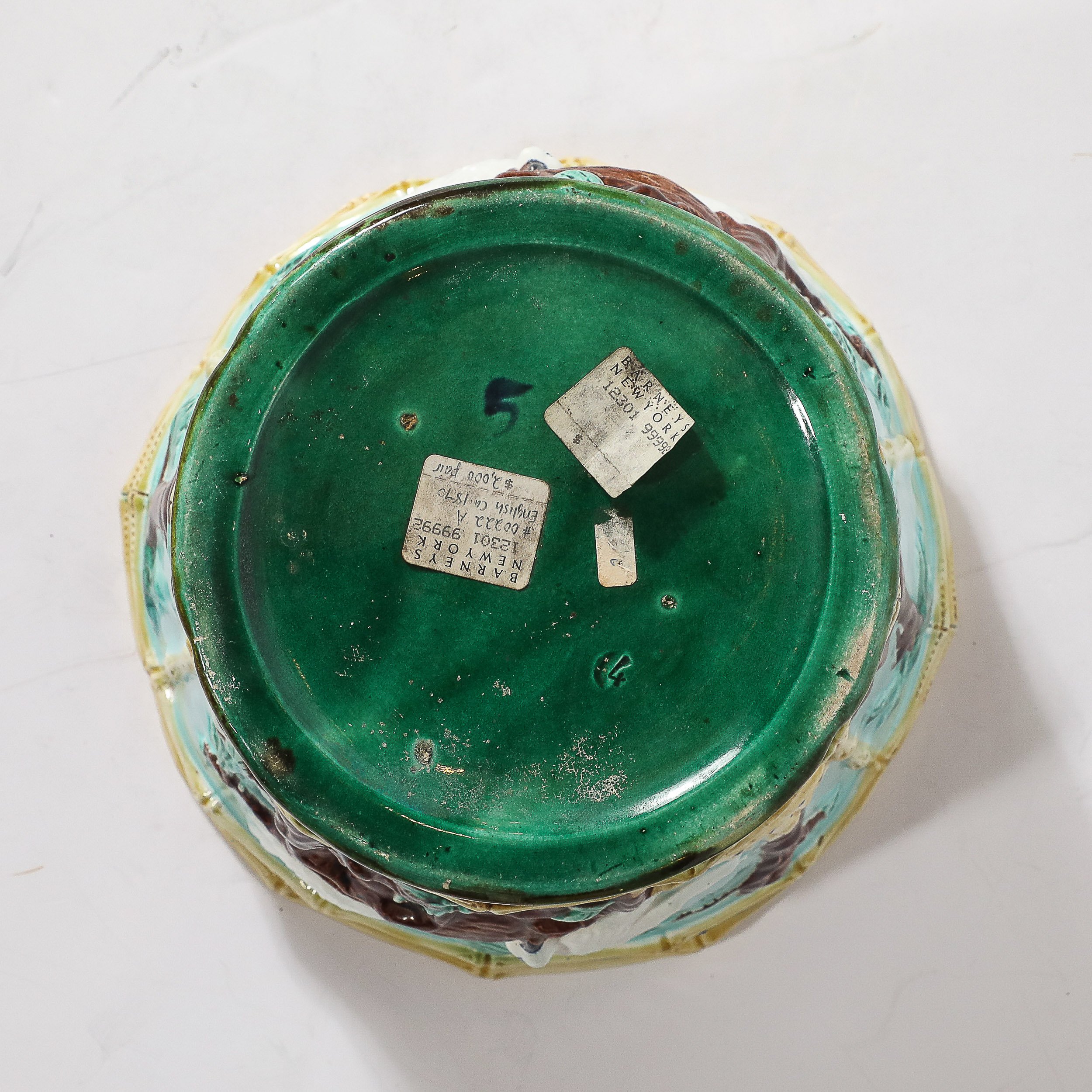 Pair of Signed Majolica Ceramic Cachepots w/ Birds, Nests & Bamboo Border Detail — image 10