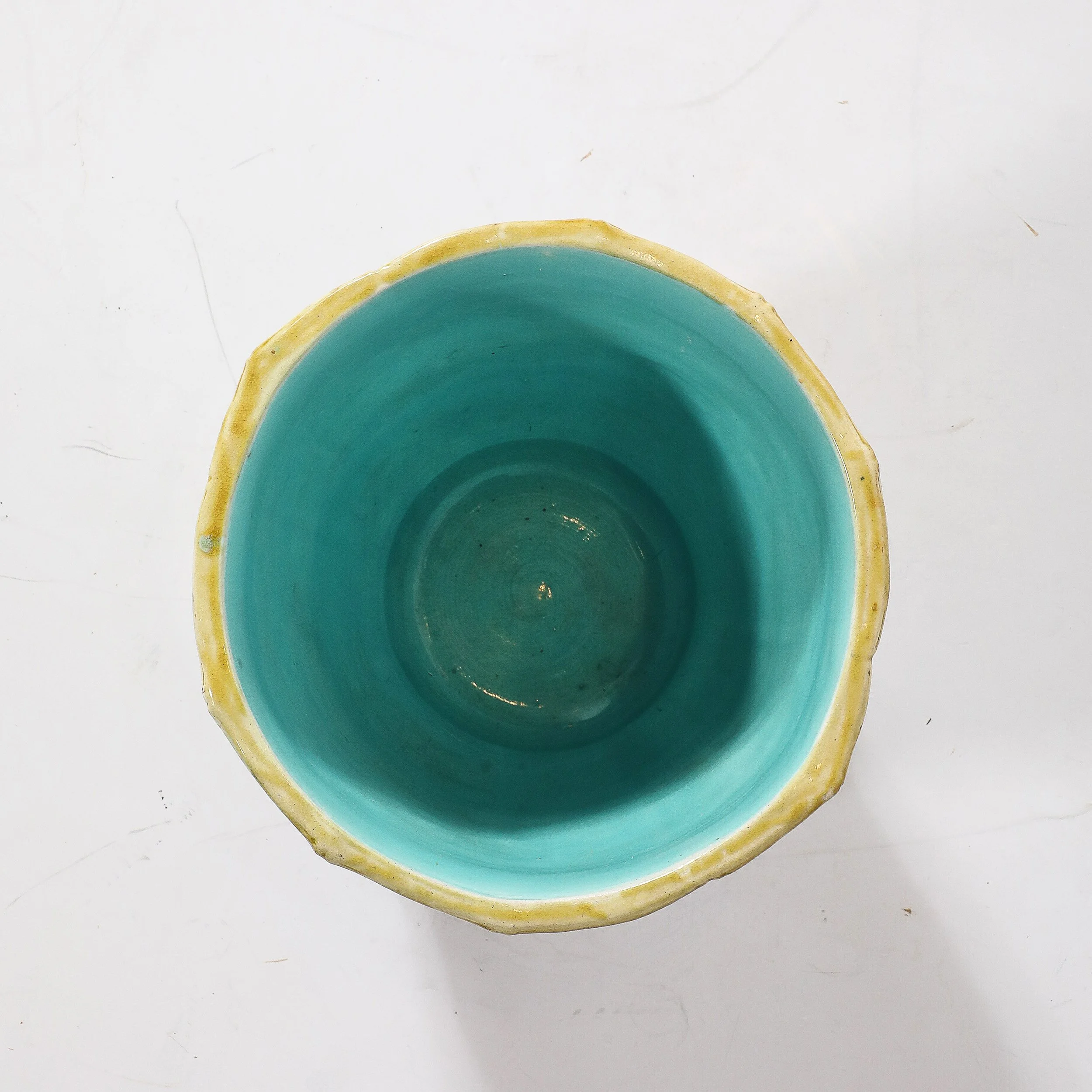 Pair of Signed Majolica Ceramic Cachepots w/ Birds, Nests & Bamboo Border Detail — image 11