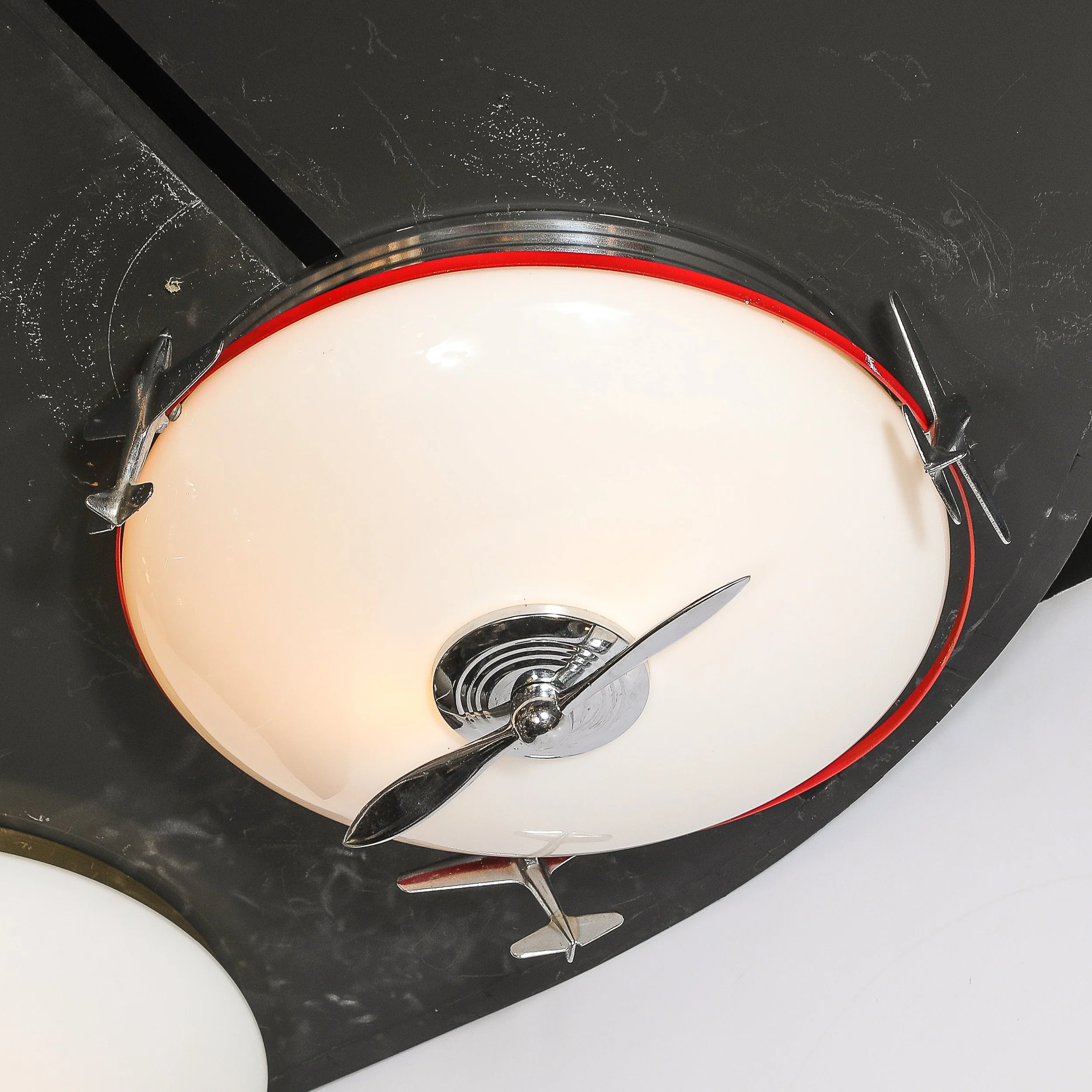 Art Deco Machine Age Milk Glass & Chrome Airplane Flush Mount — image 3