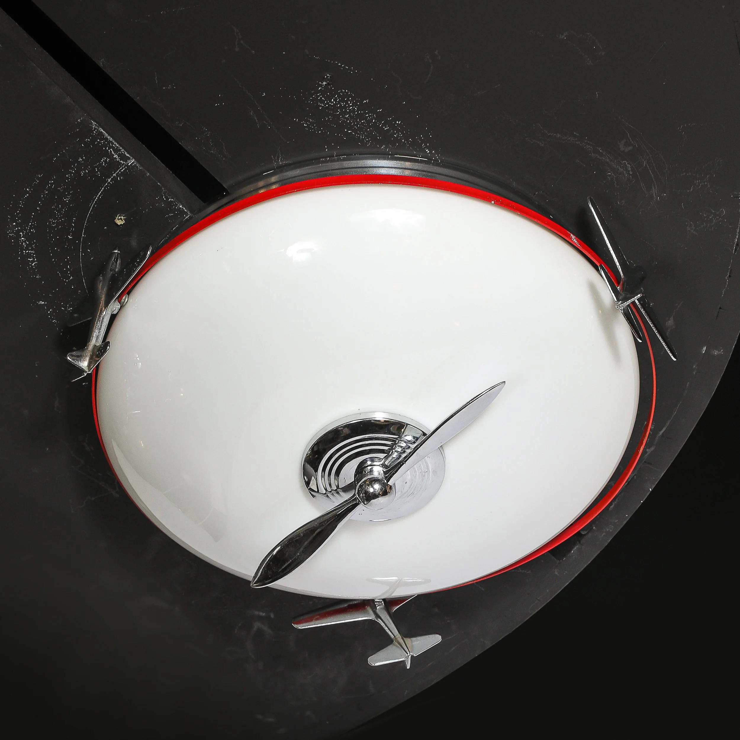 Art Deco Machine Age Milk Glass & Chrome Airplane Flush Mount — image 4