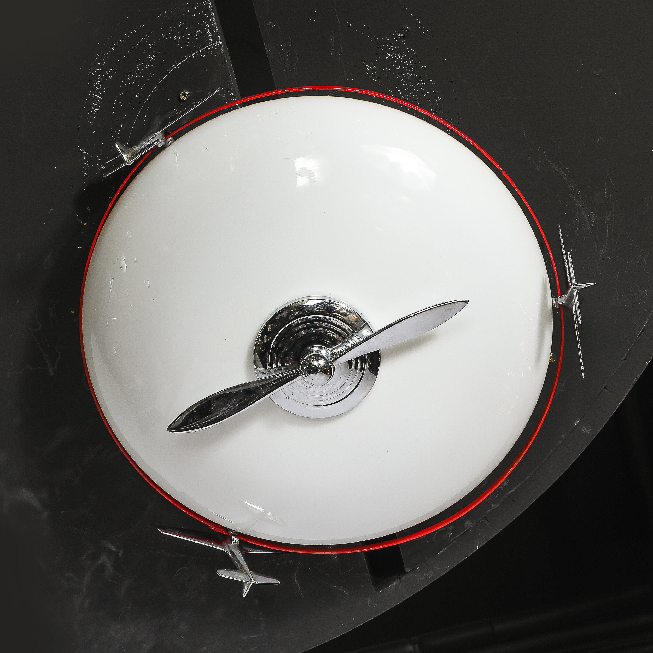 Art Deco Machine Age Milk Glass & Chrome Airplane Flush Mount — image 6