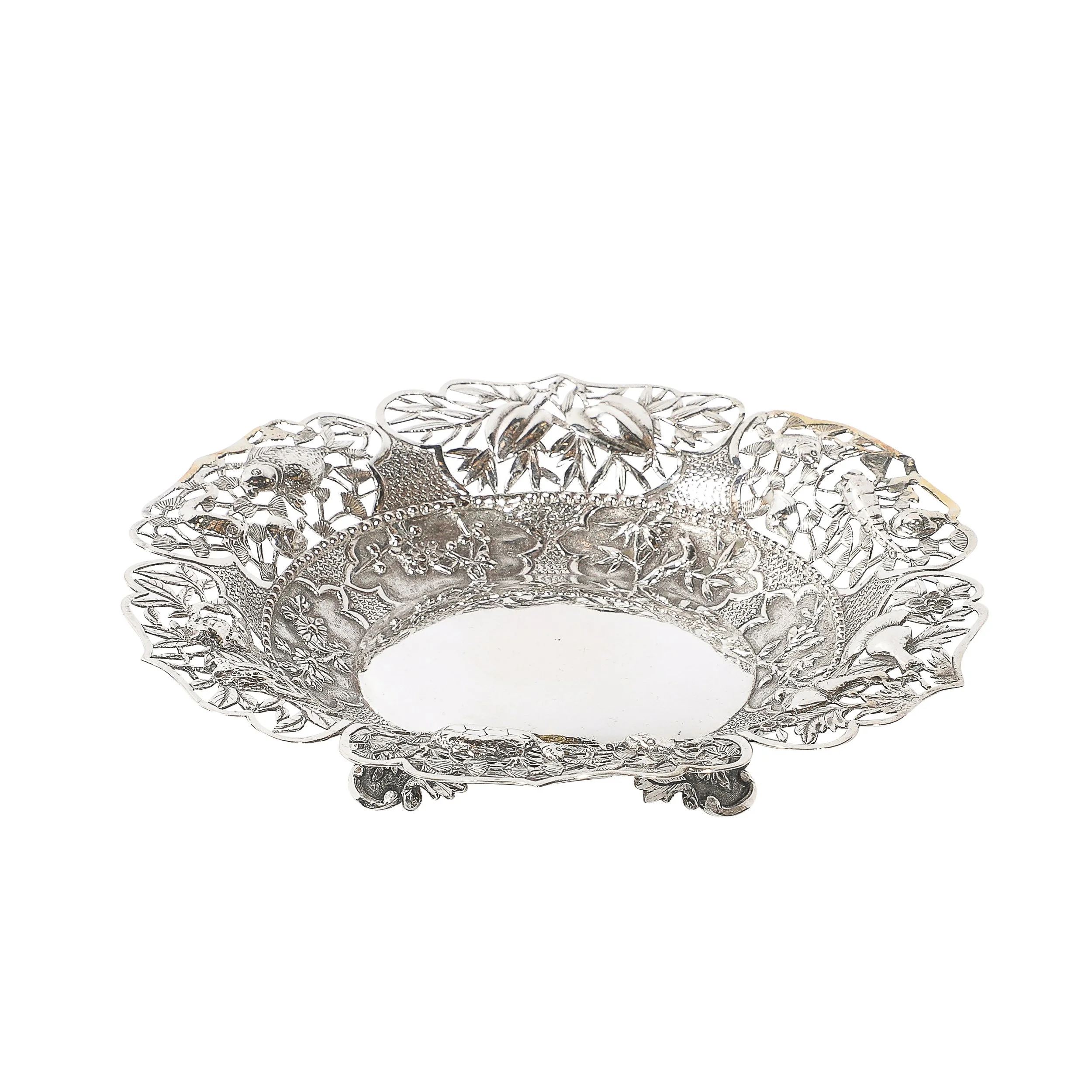 Aesthetic Movement Sterling Repouse Flora & Fauna Dish signed Pau Kuang — image 1