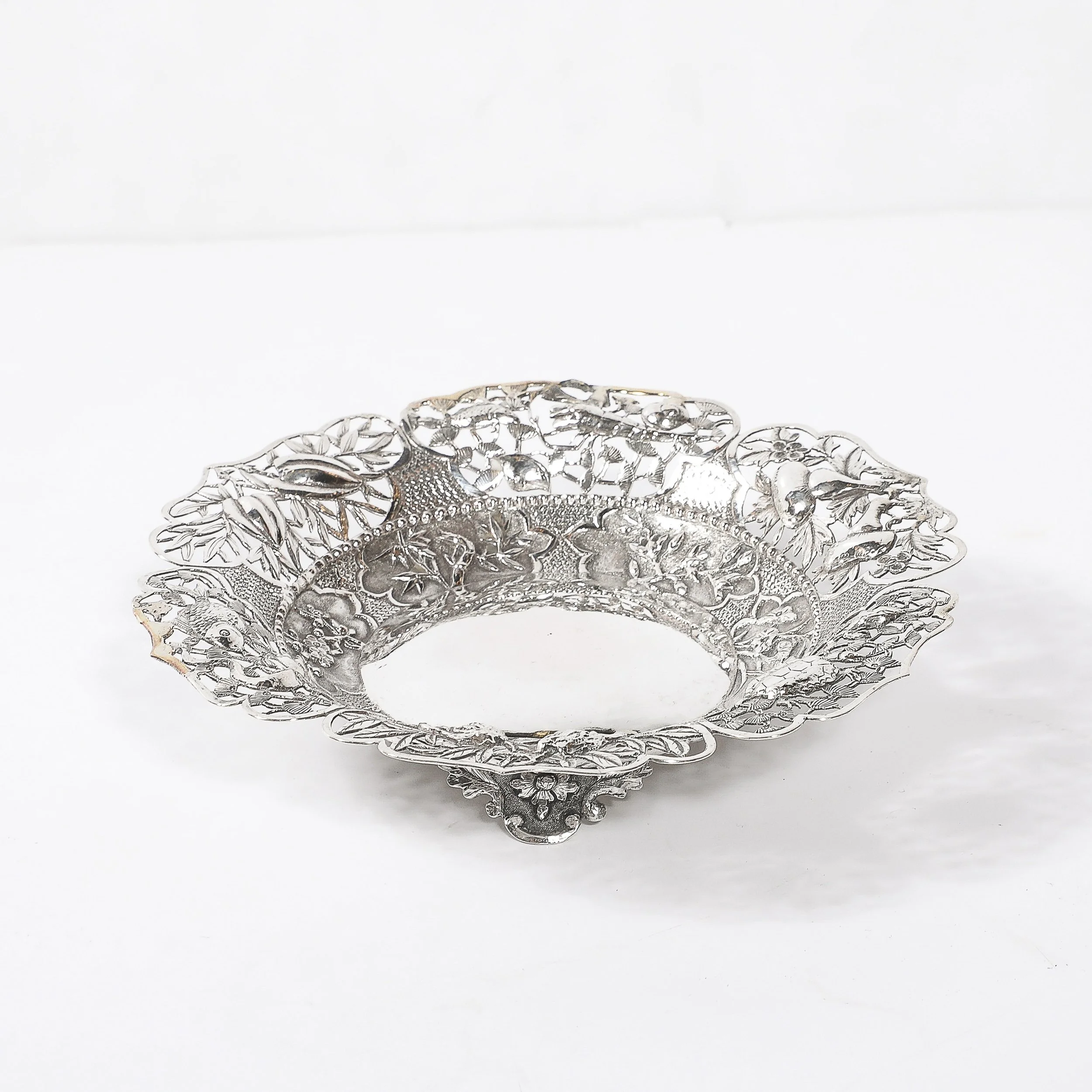 Aesthetic Movement Sterling Repouse Flora & Fauna Dish signed Pau Kuang — image 2