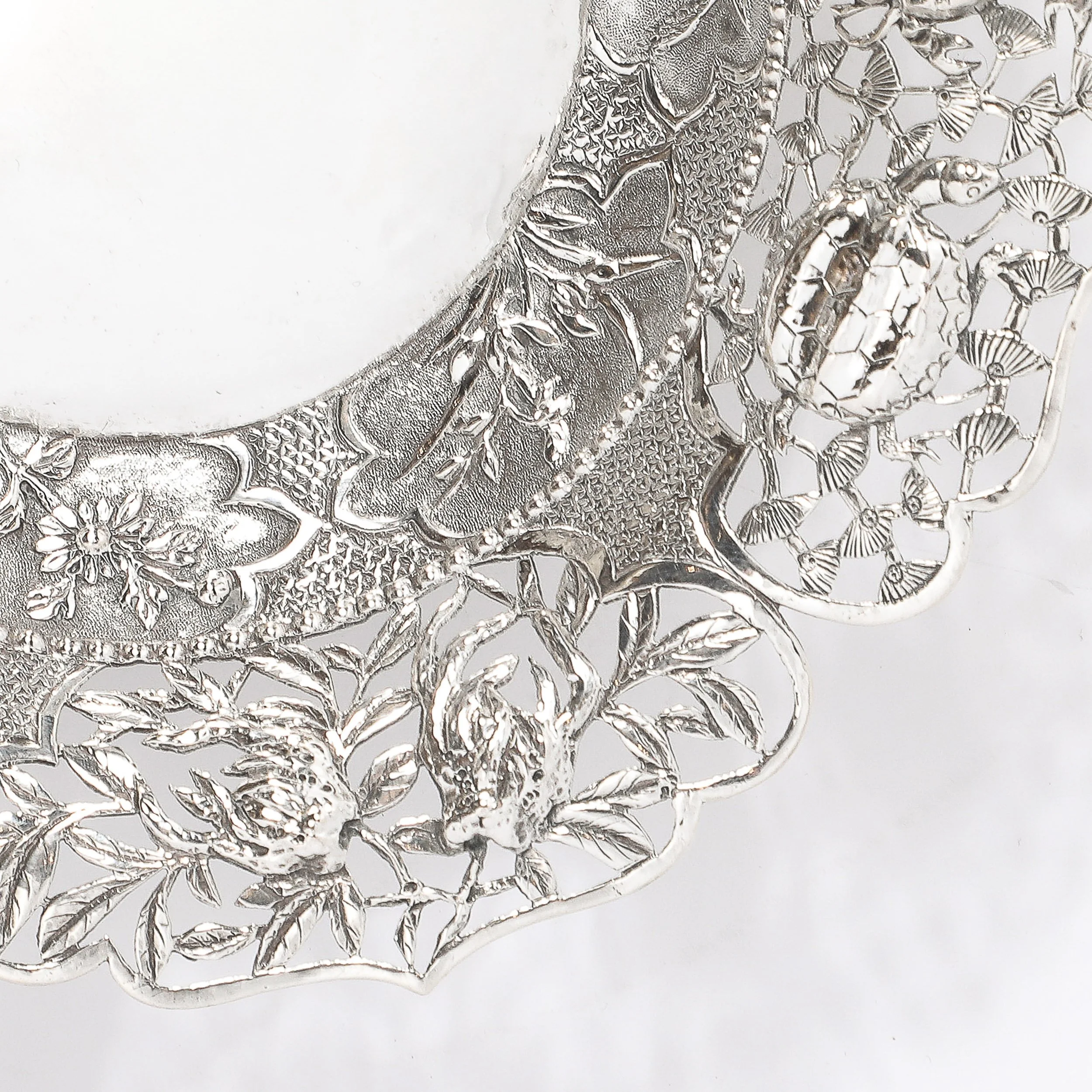 Aesthetic Movement Sterling Repouse Flora & Fauna Dish signed Pau Kuang — image 3
