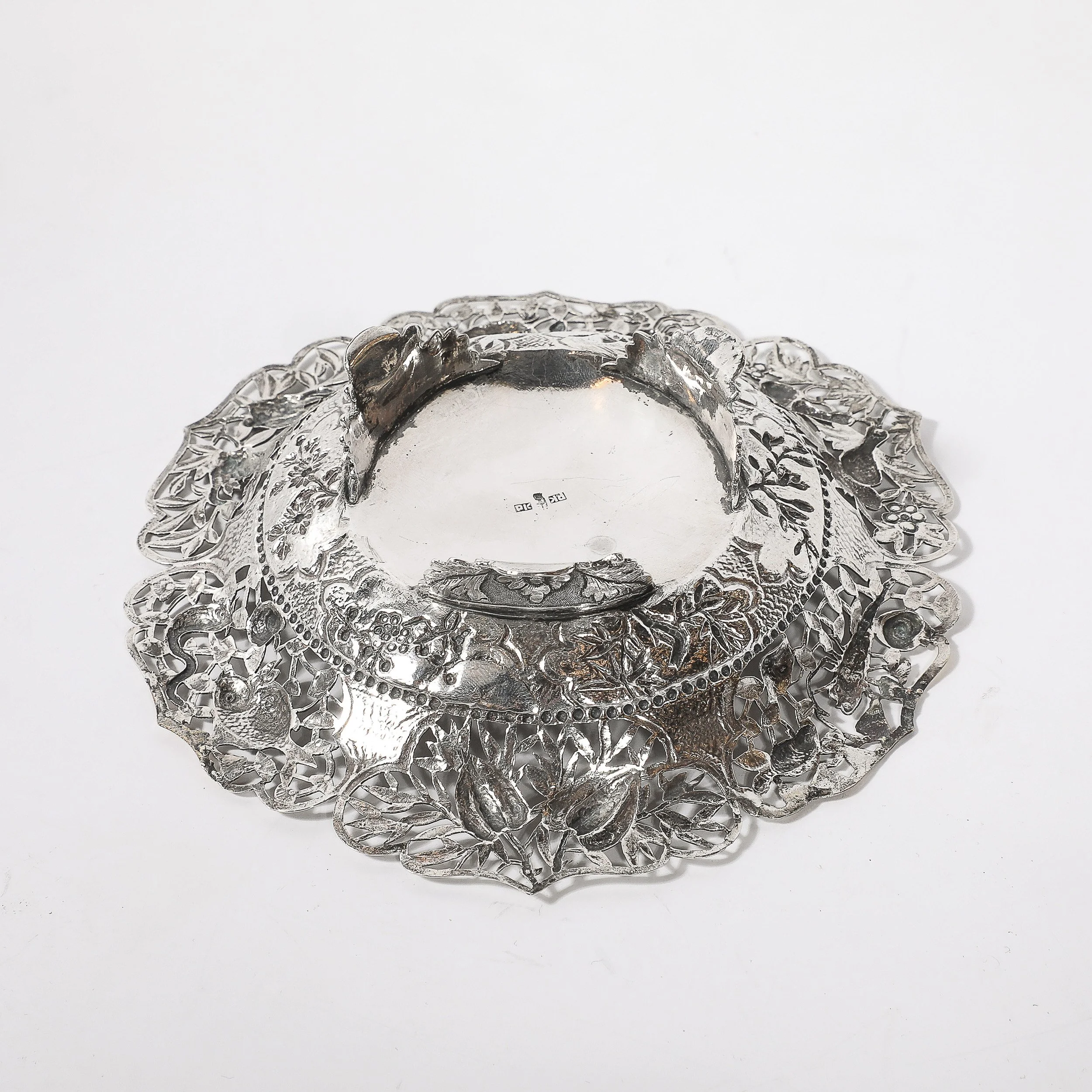 Aesthetic Movement Sterling Repouse Flora & Fauna Dish signed Pau Kuang — image 6