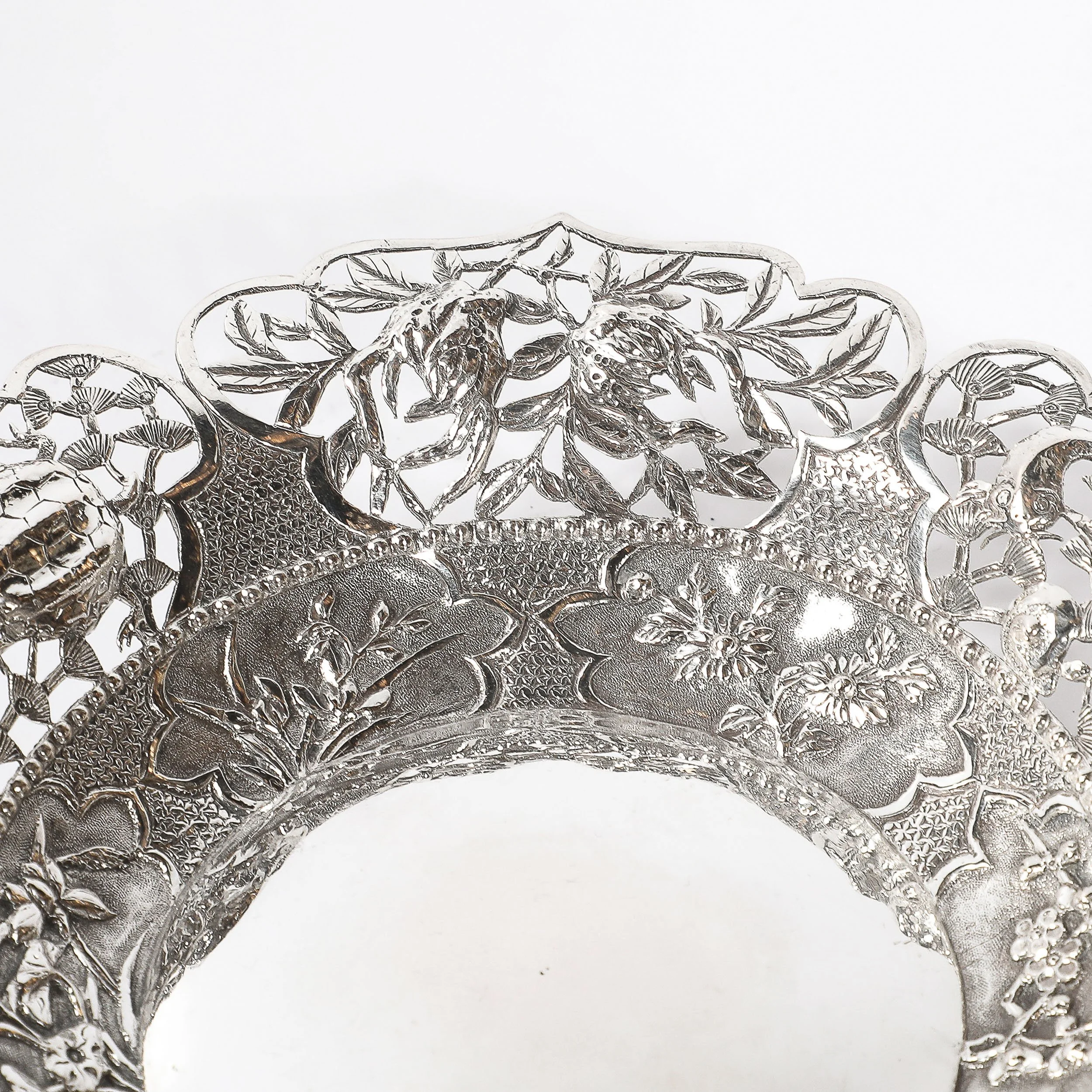 Aesthetic Movement Sterling Repouse Flora & Fauna Dish signed Pau Kuang — image 7