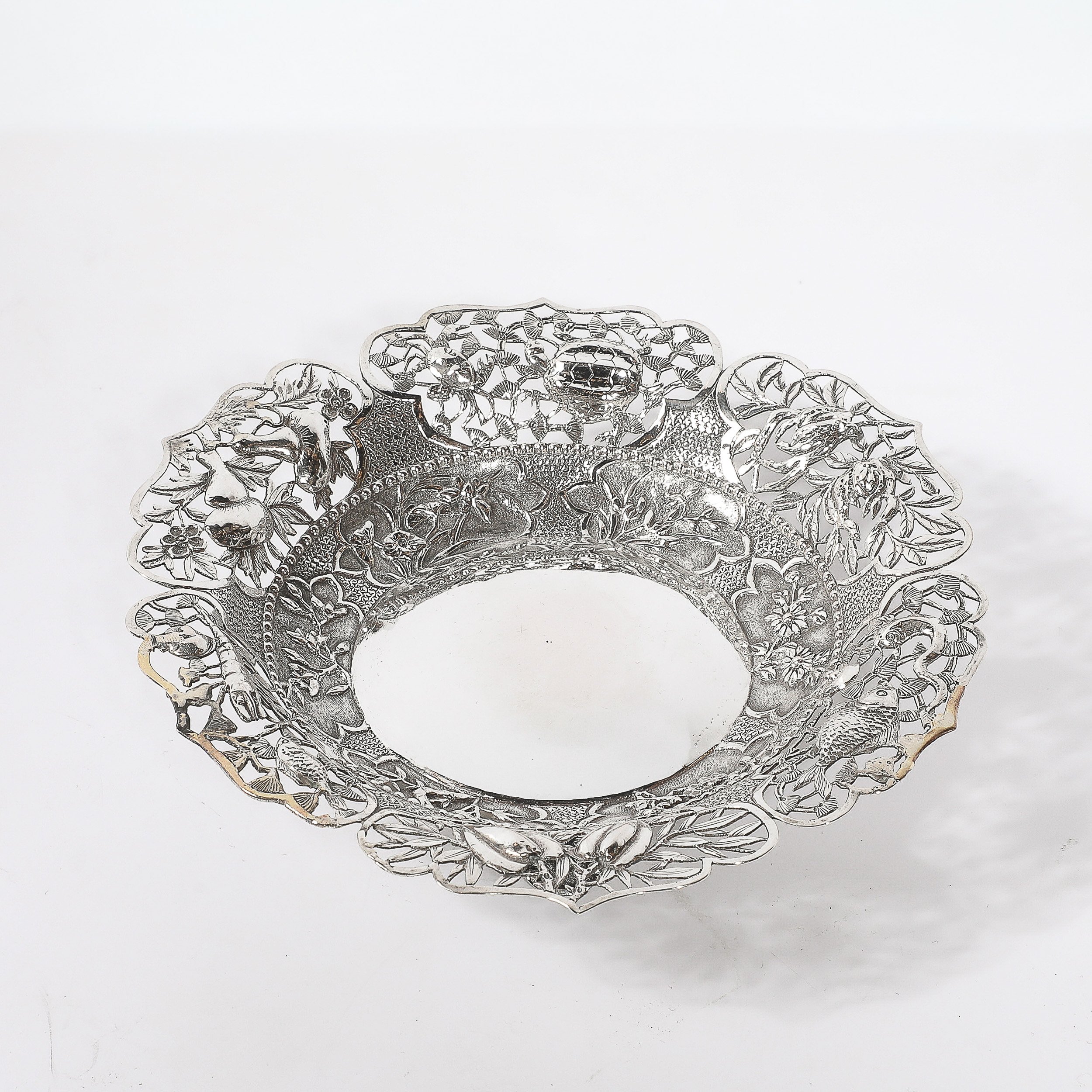 Aesthetic Movement Sterling Repouse Flora & Fauna Dish signed Pau Kuang — image 8