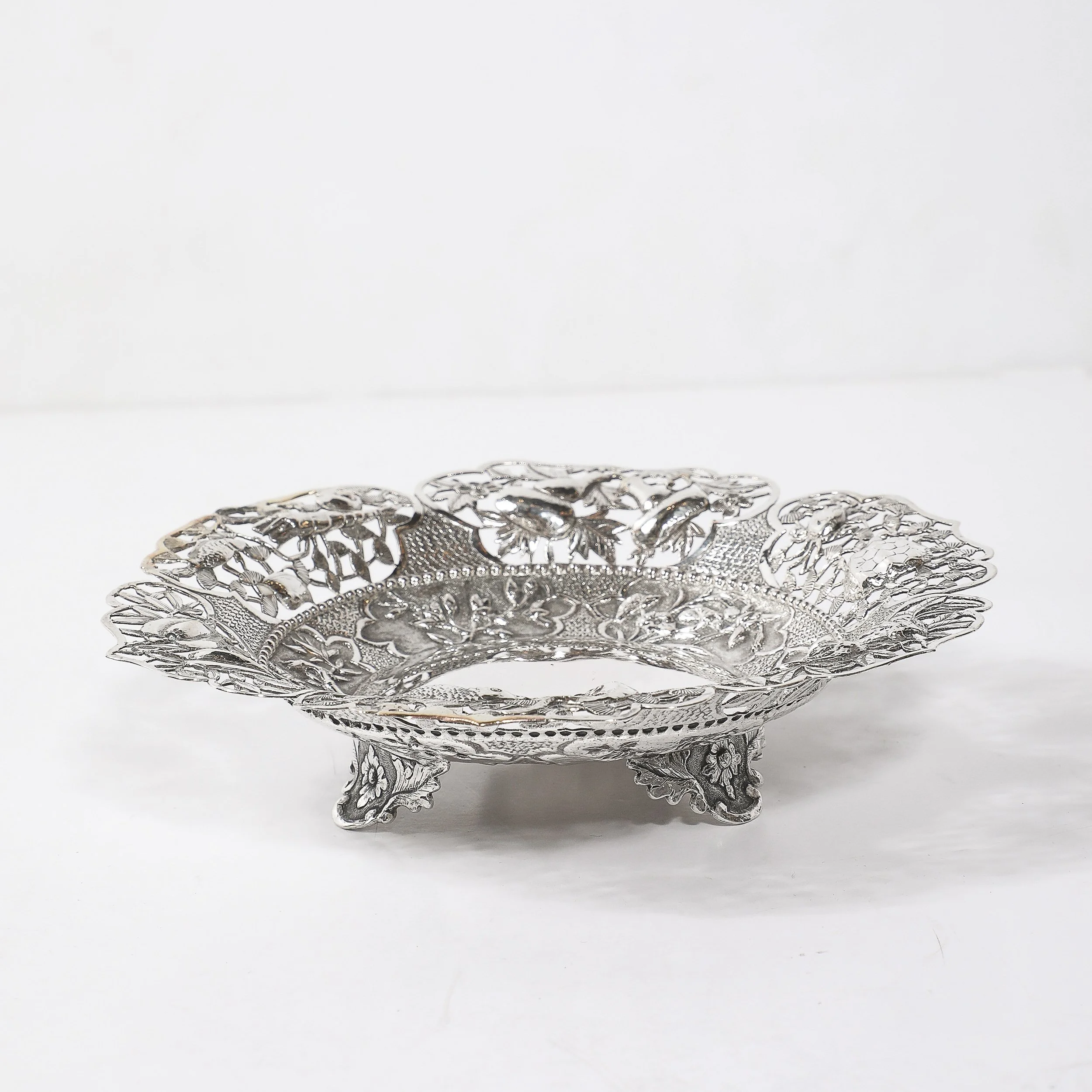 Aesthetic Movement Sterling Repouse Flora & Fauna Dish signed Pau Kuang — image 9