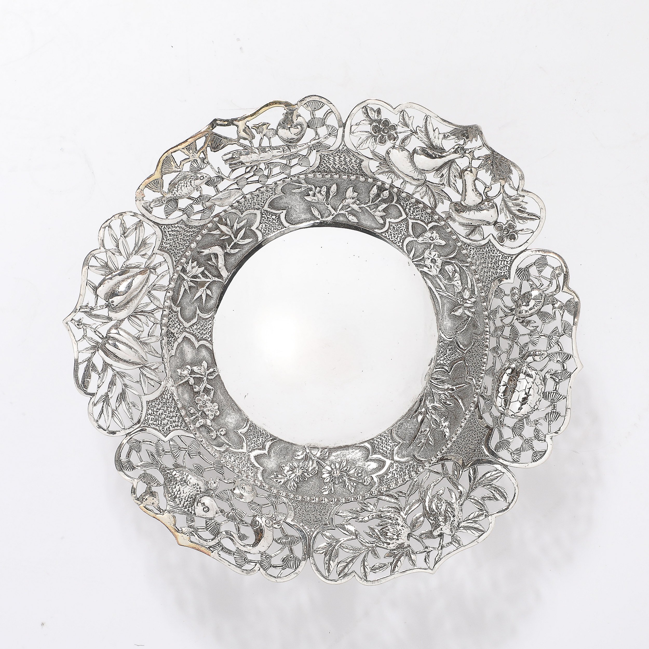Aesthetic Movement Sterling Repouse Flora & Fauna Dish signed Pau Kuang — image 11