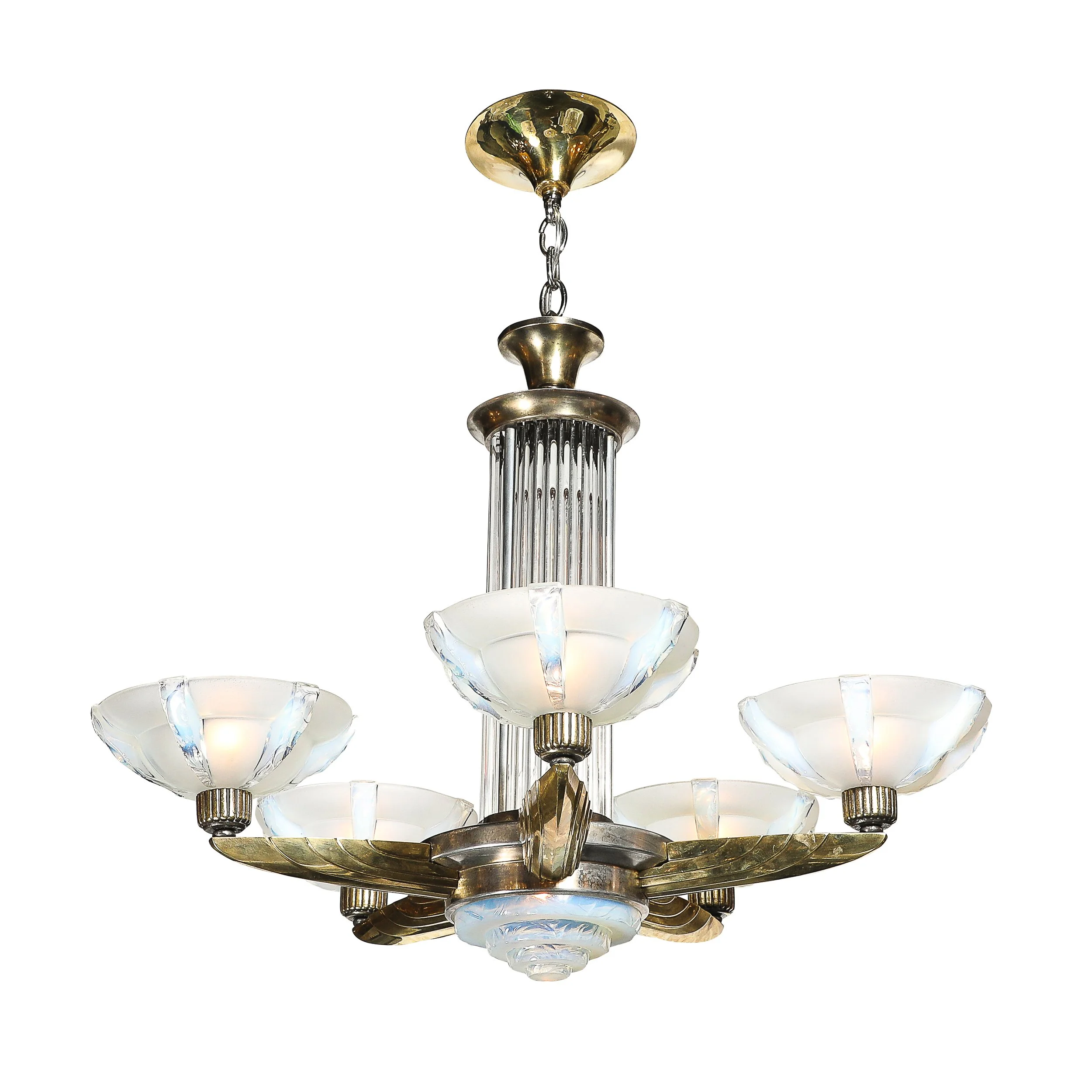 Art Deco Brass Petitot Chandelier w/ Glass Rods & Opalescent Glass Shades — image 1