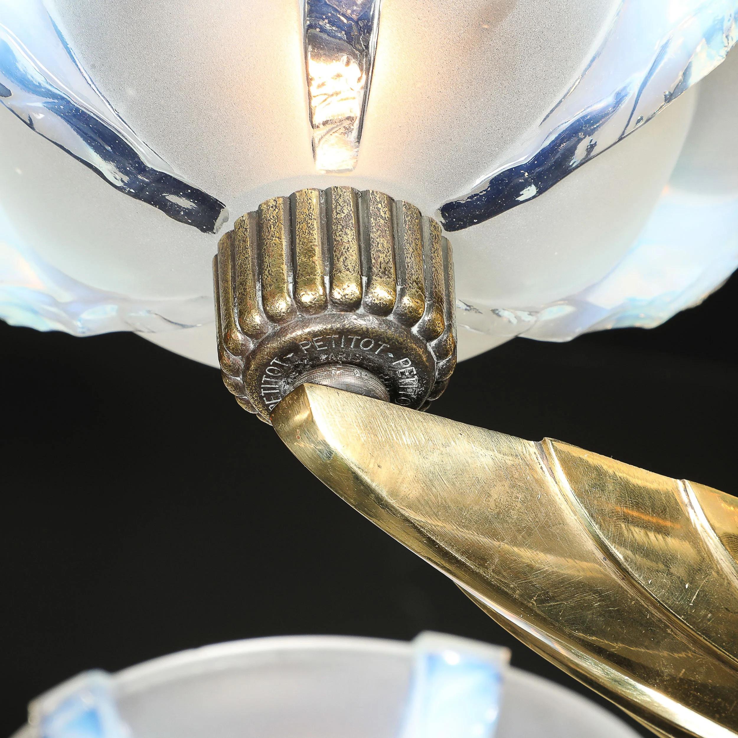 Art Deco Brass Petitot Chandelier w/ Glass Rods & Opalescent Glass Shades — image 2